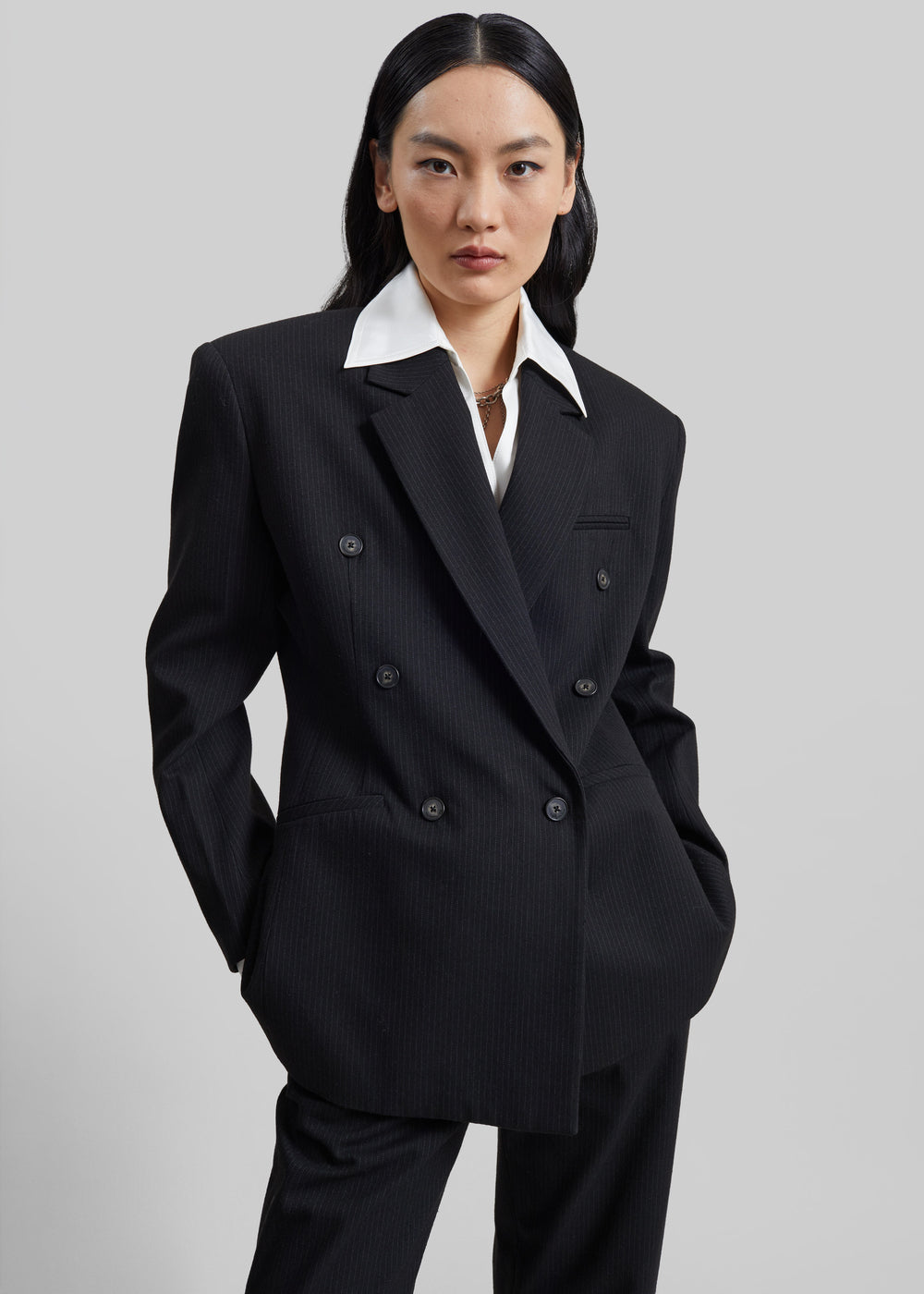 Jade Double-Breasted Blazer - Black/White Pinstripe - 1
