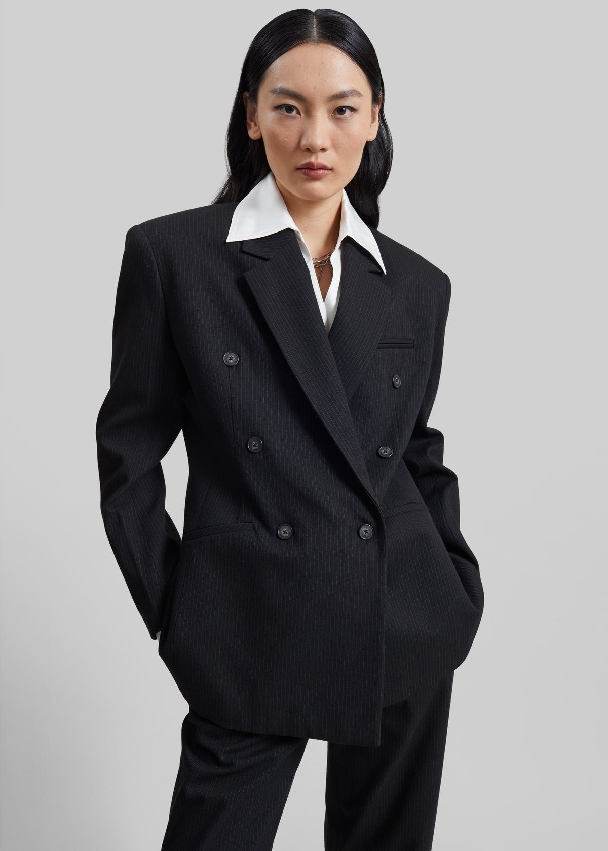 Jade Double-Breasted Blazer - Black/White Pinstripe - 2
