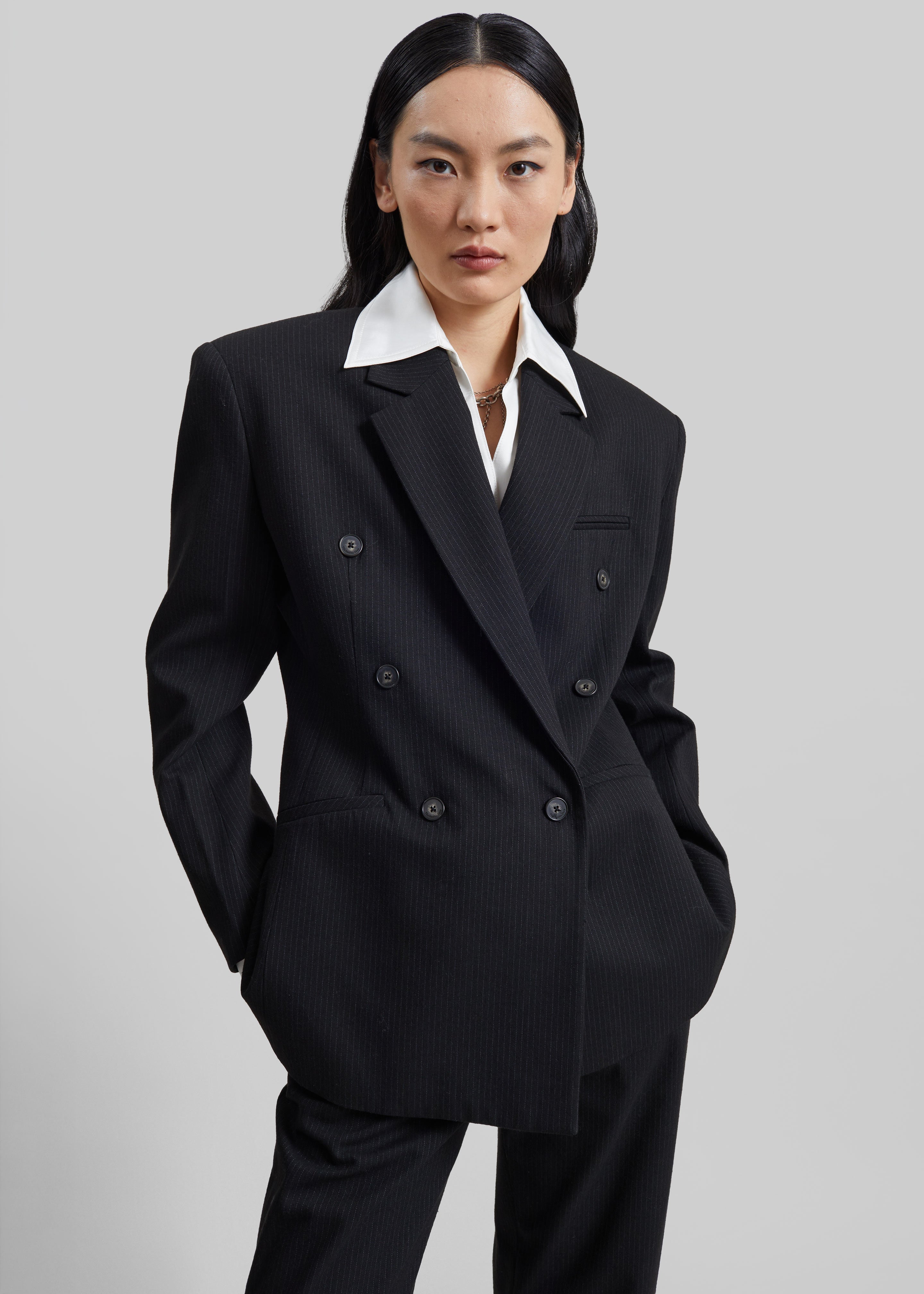 Jade Double-Breasted Blazer - Black/White Pinstripe - 2