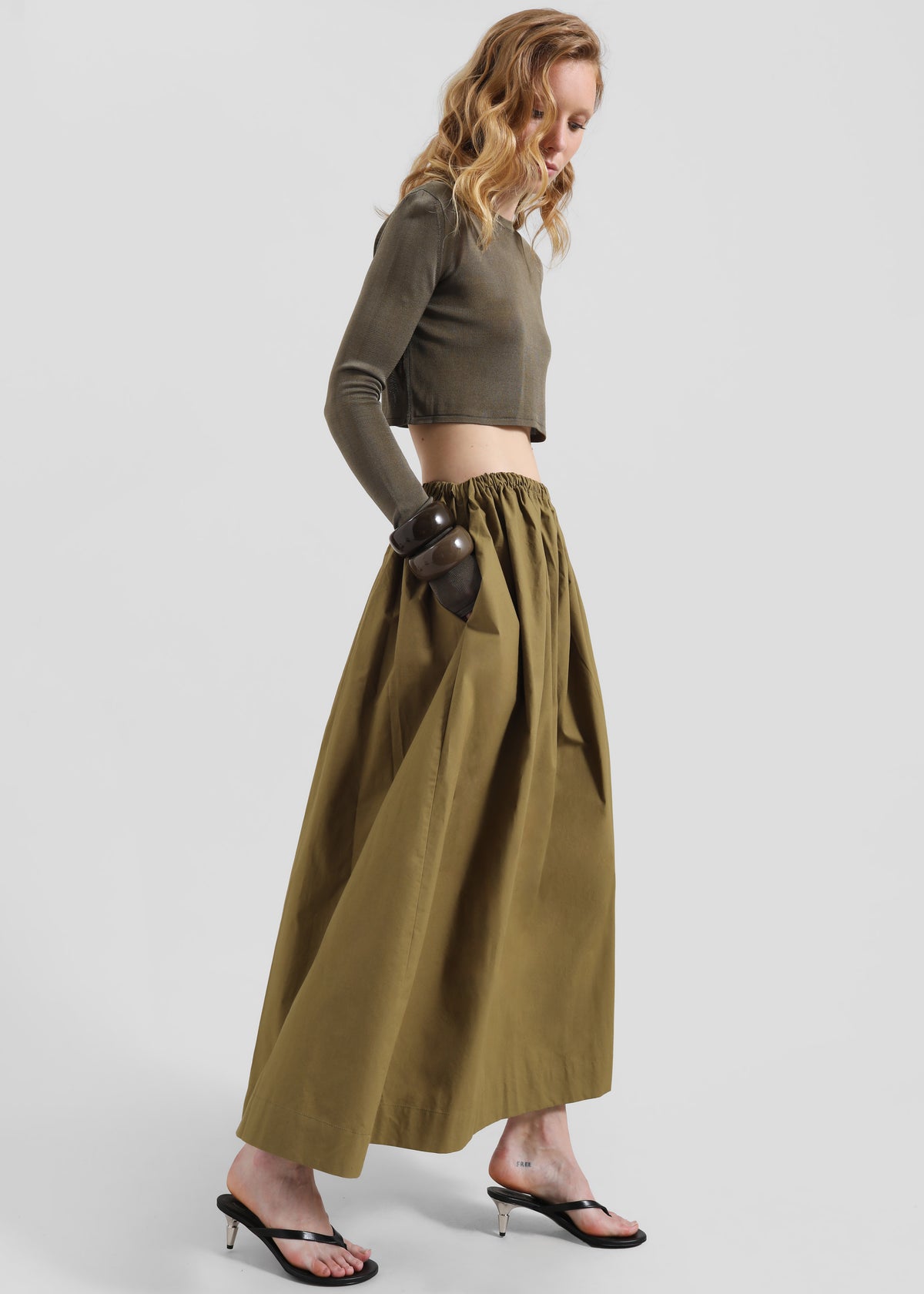 Jalev Gathered Cotton Skirt - Martini Olive