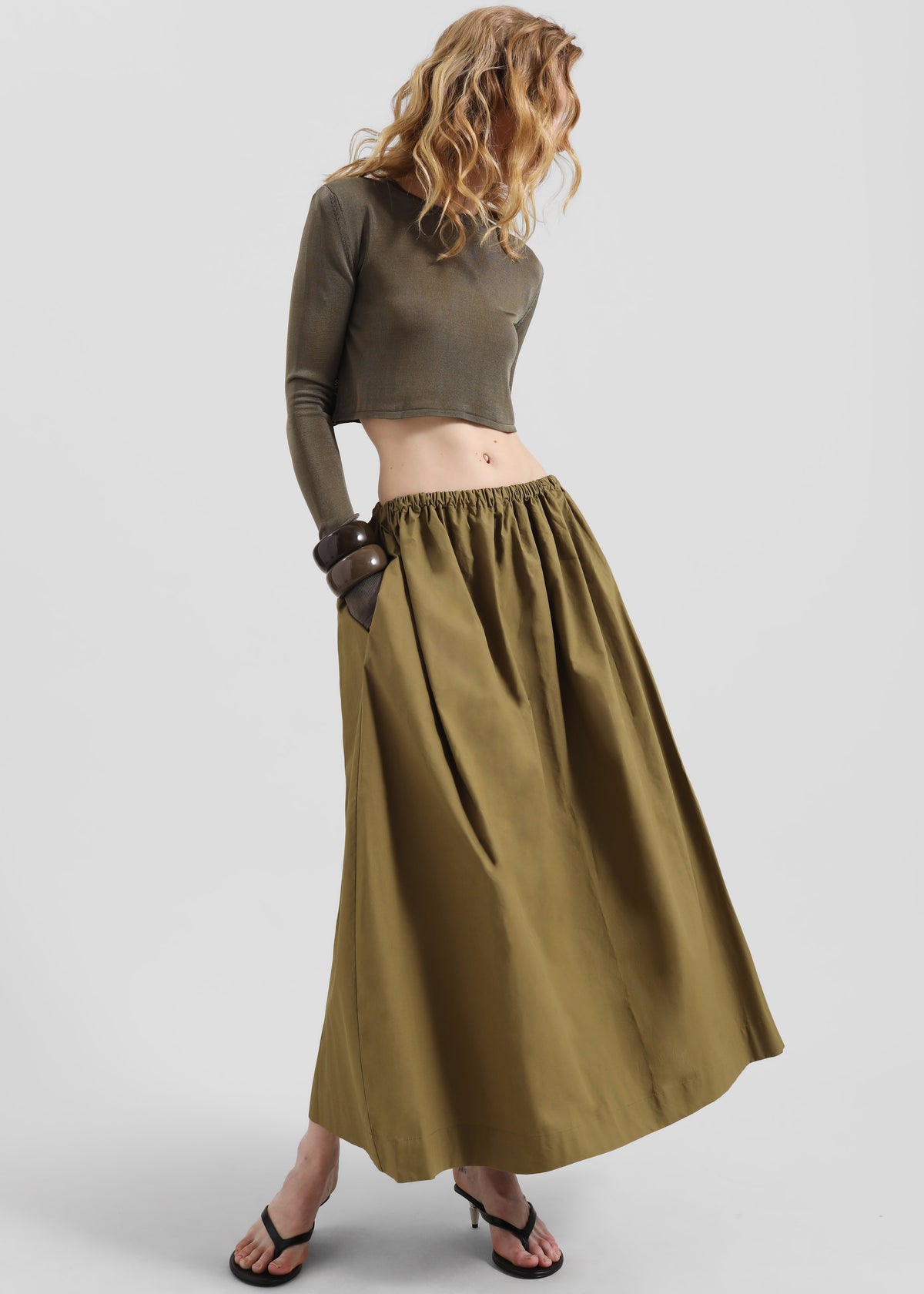 Jalev Gathered Cotton Skirt - Martini Olive