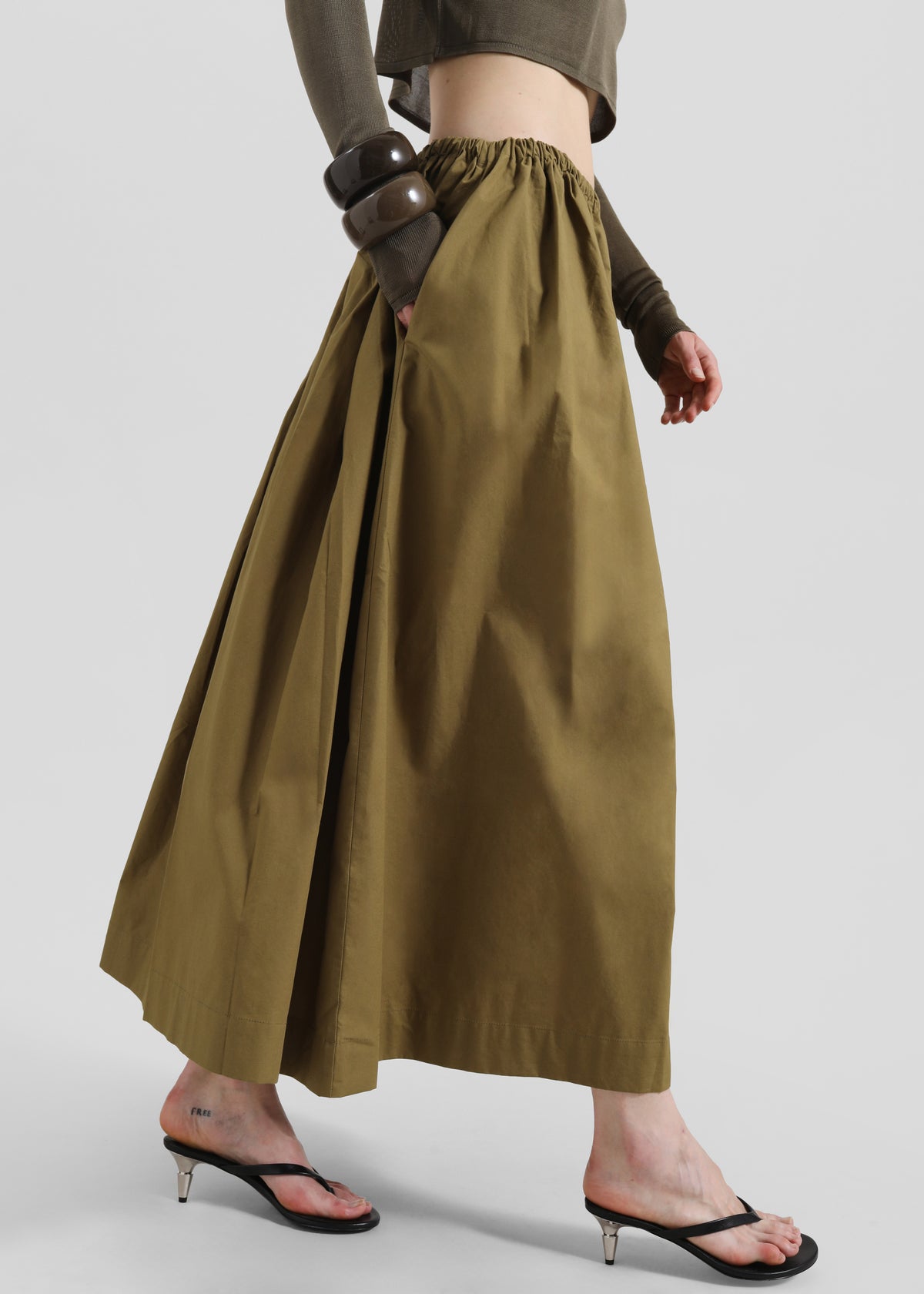 Jalev Gathered Cotton Skirt - Martini Olive