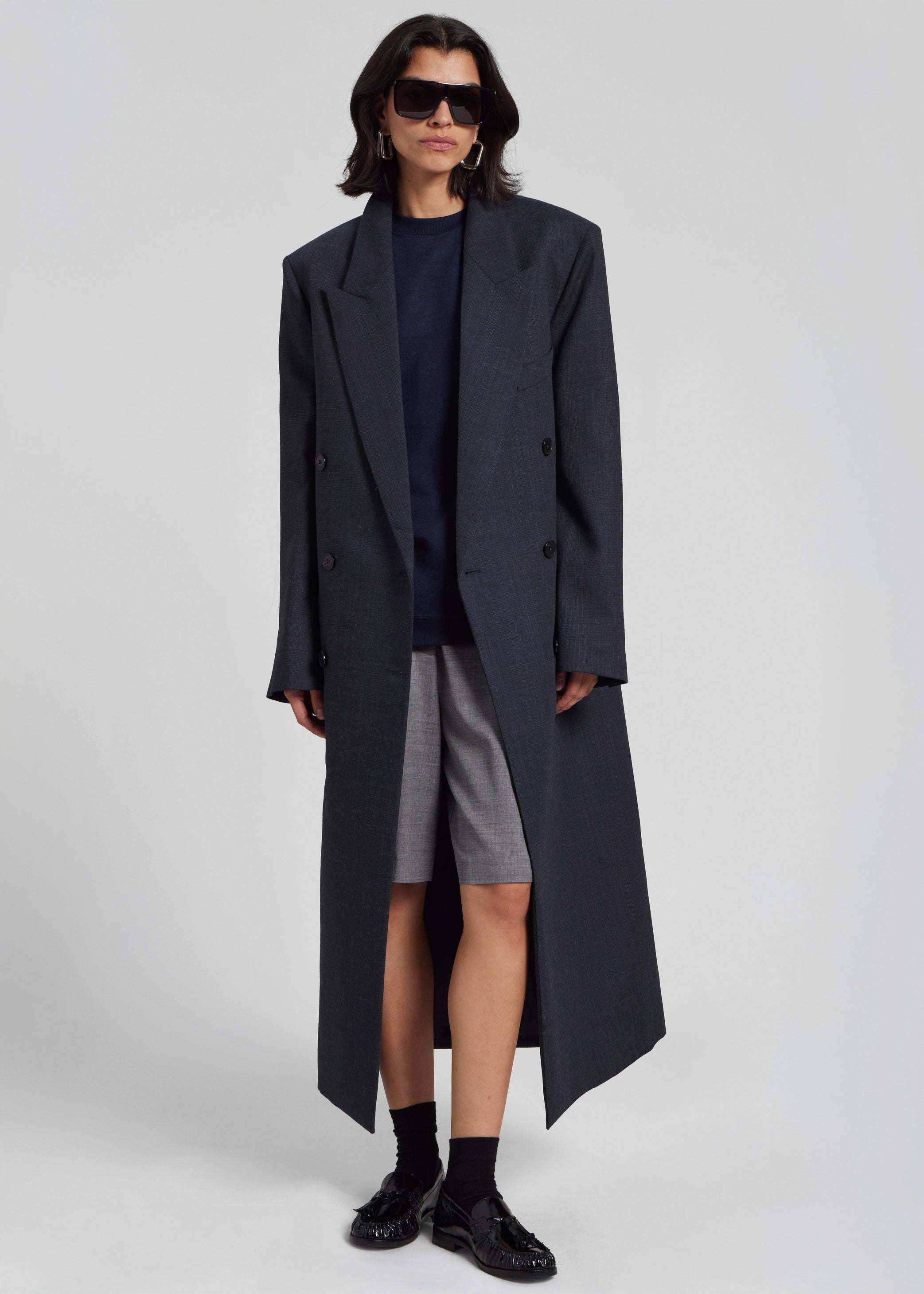 Shop the look image for Jane Plaid Long Coat - Navy