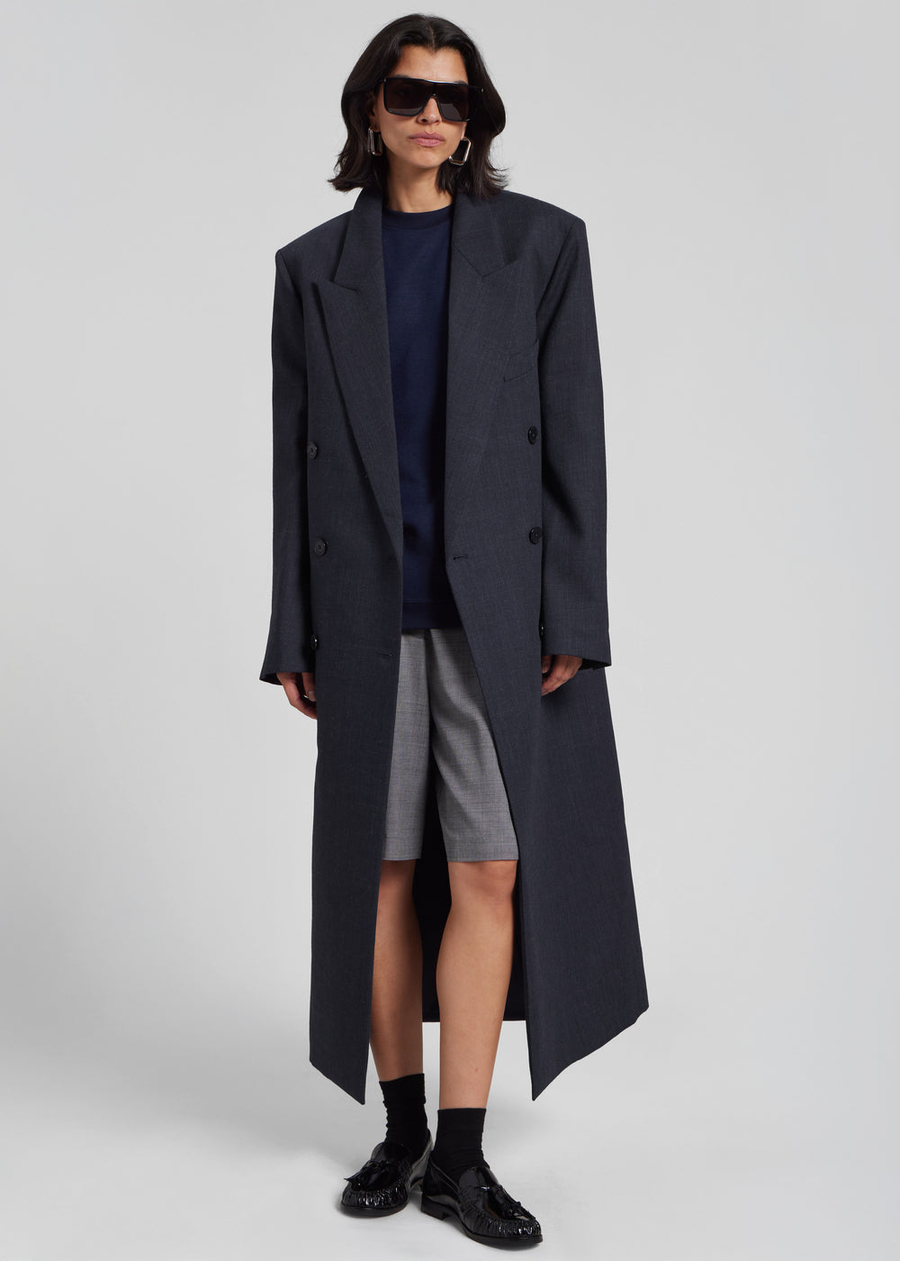 Jane Plaid Long Coat - Navy