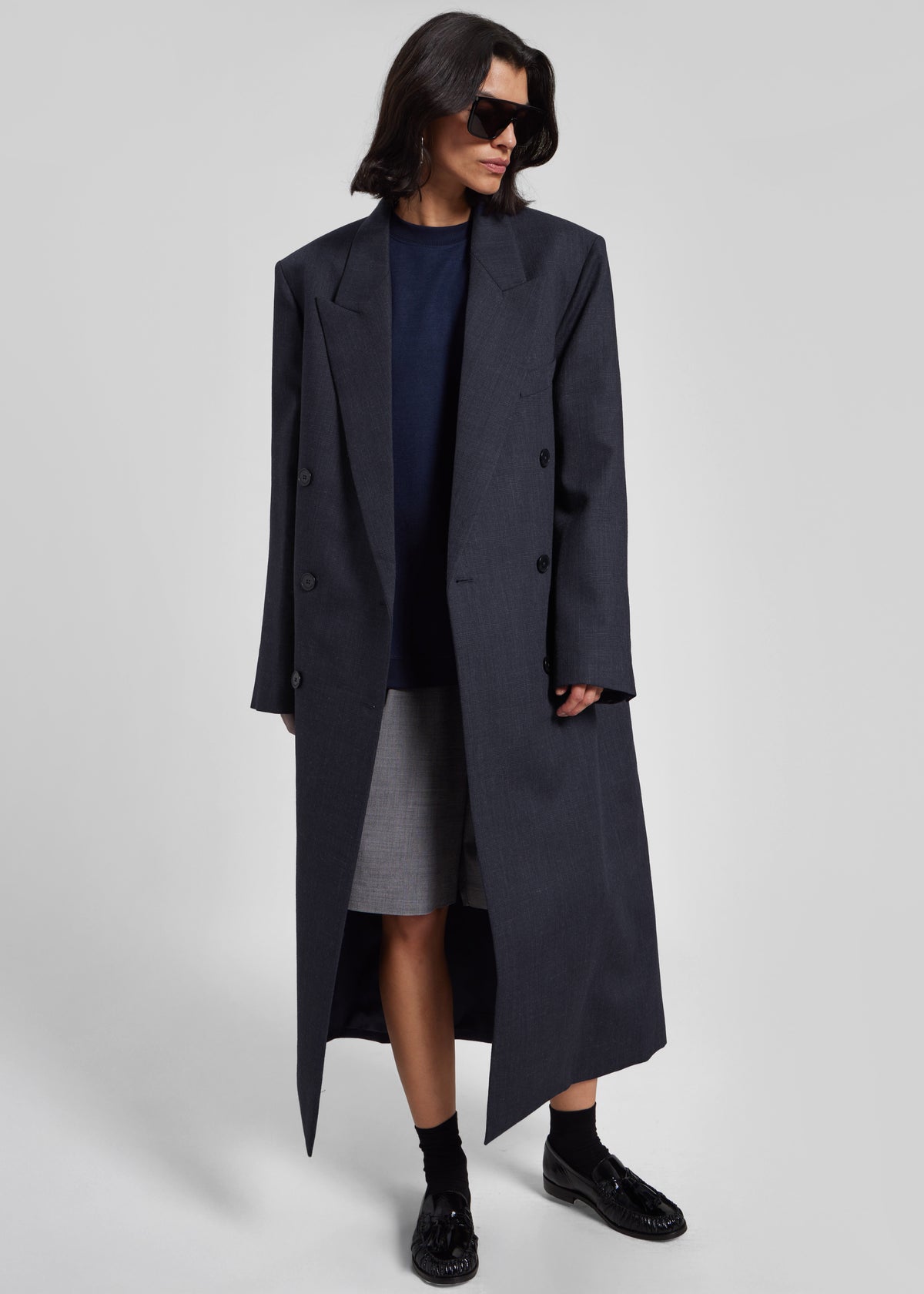 Jane Plaid Long Coat - Navy - 9