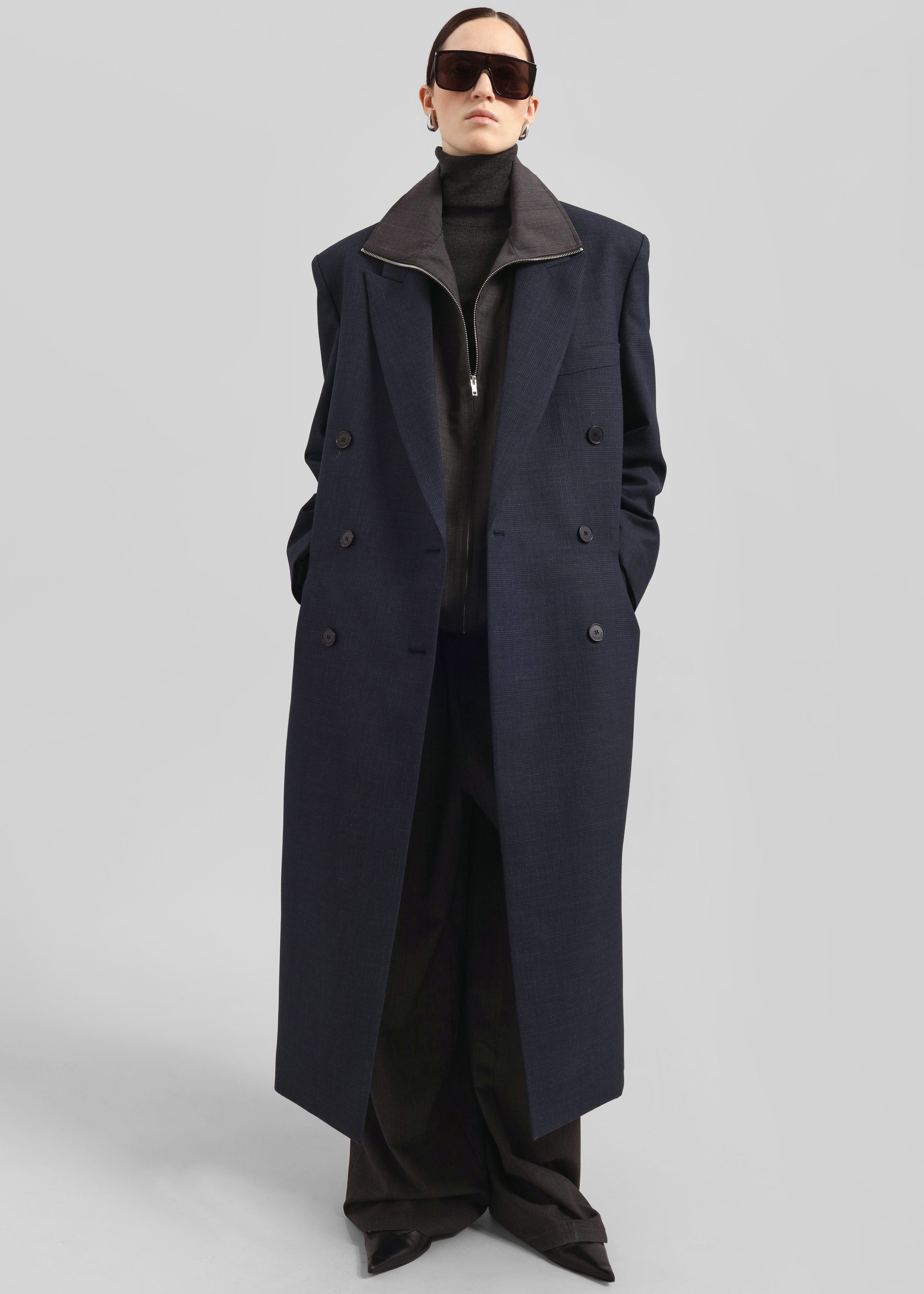 Jane Plaid Long Coat - Navy - 3