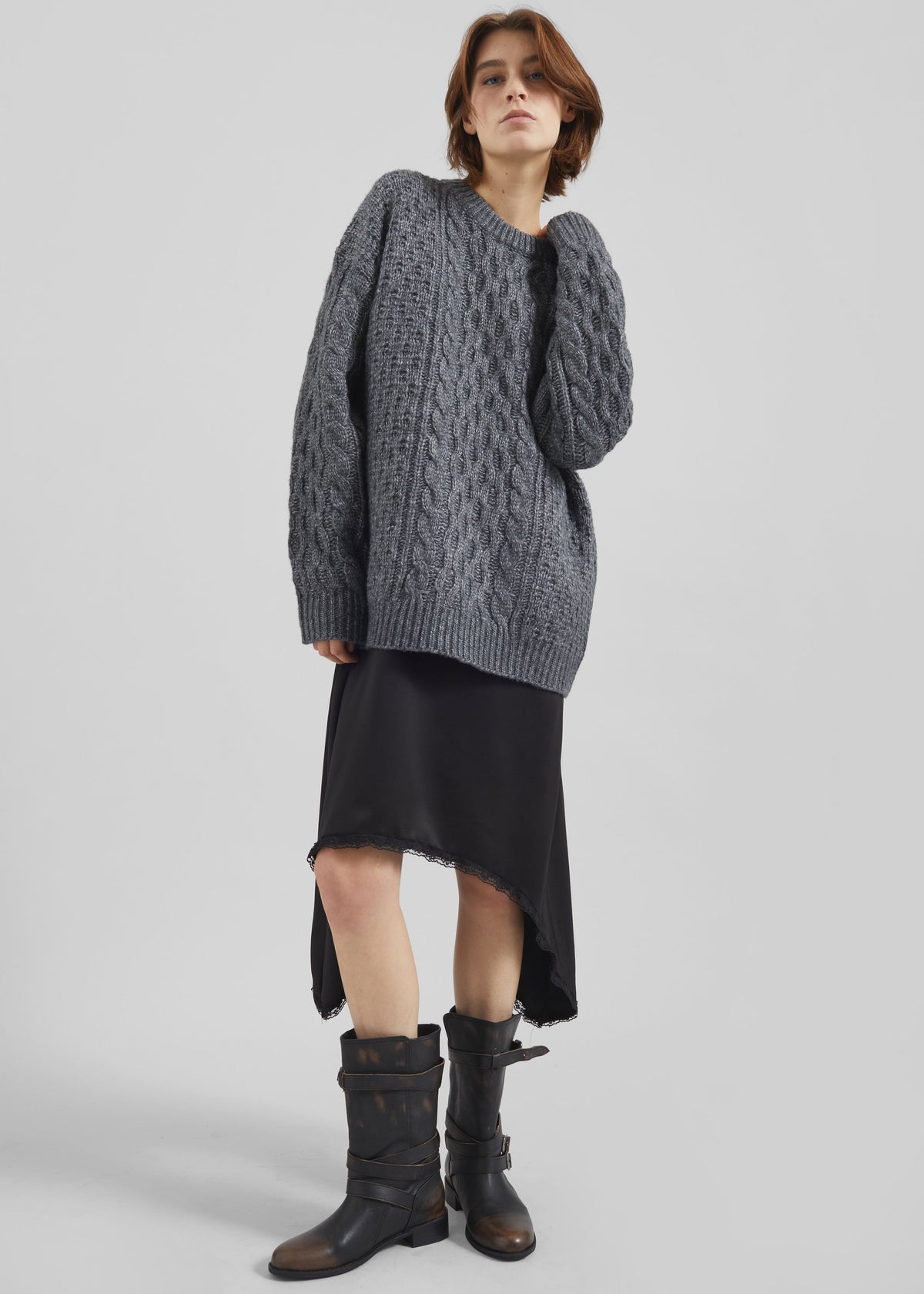 Janesen Oversized Cable Knit Sweater - Grey Melange - 5