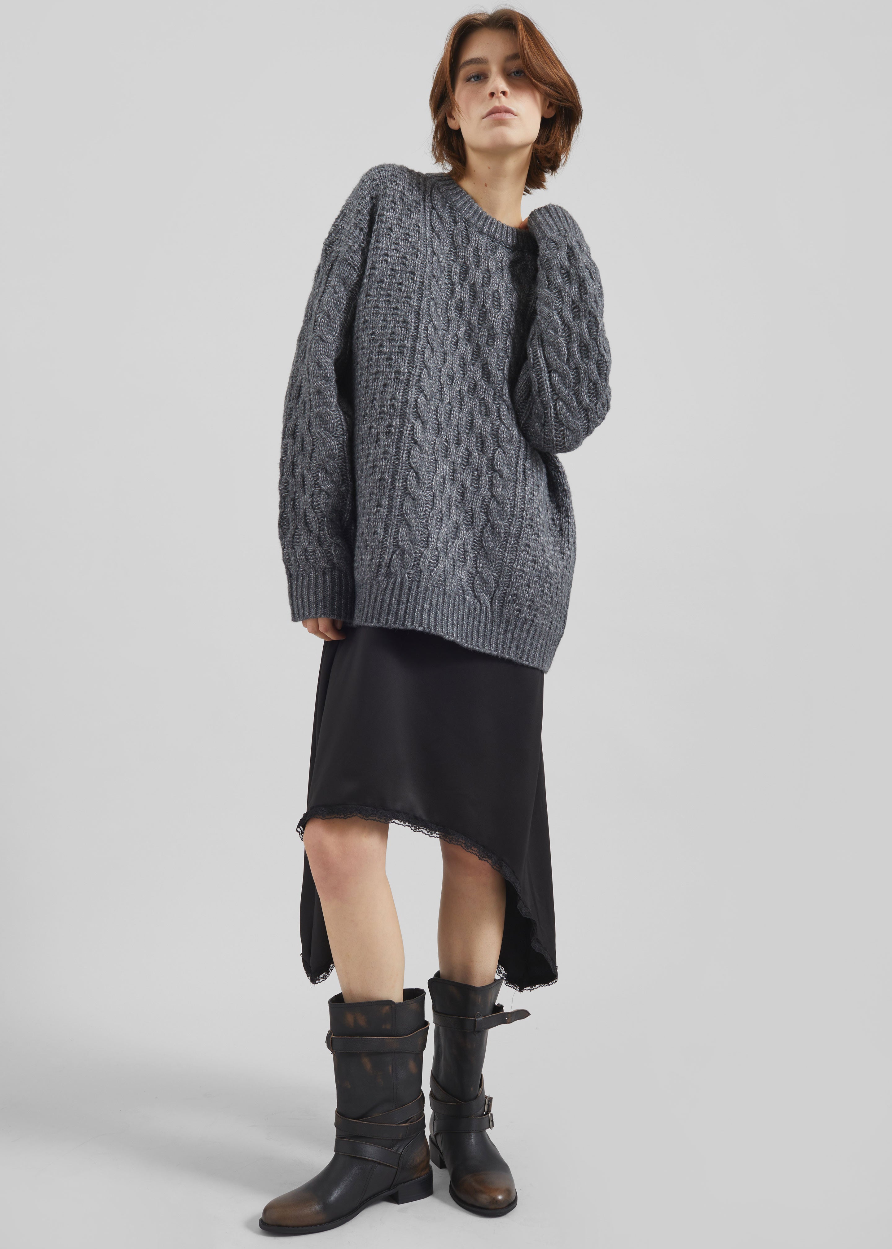 Janesen Oversized Cable Knit Sweater - Grey Melange - 5