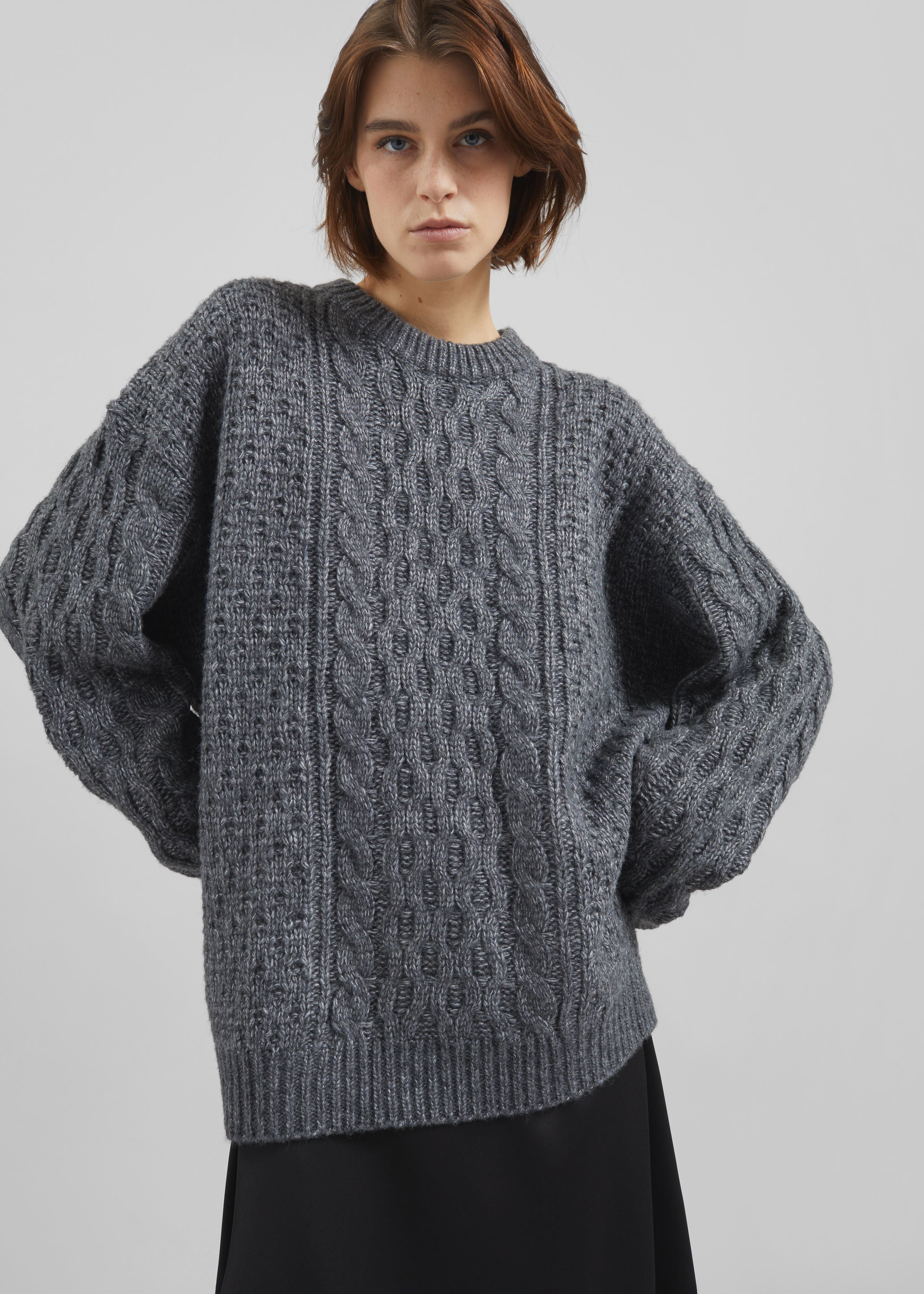 Janesen Oversized Cable Knit Sweater - Grey Melange - 2