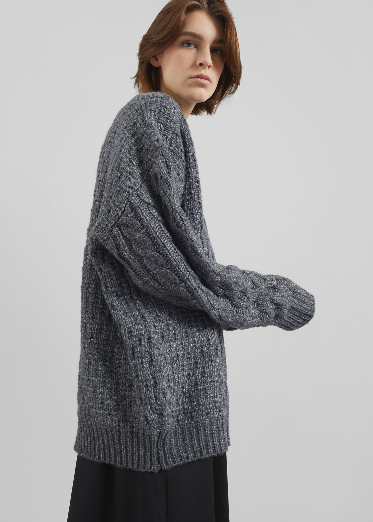 Janesen Oversized Cable Knit Sweater - Grey Melange - 3