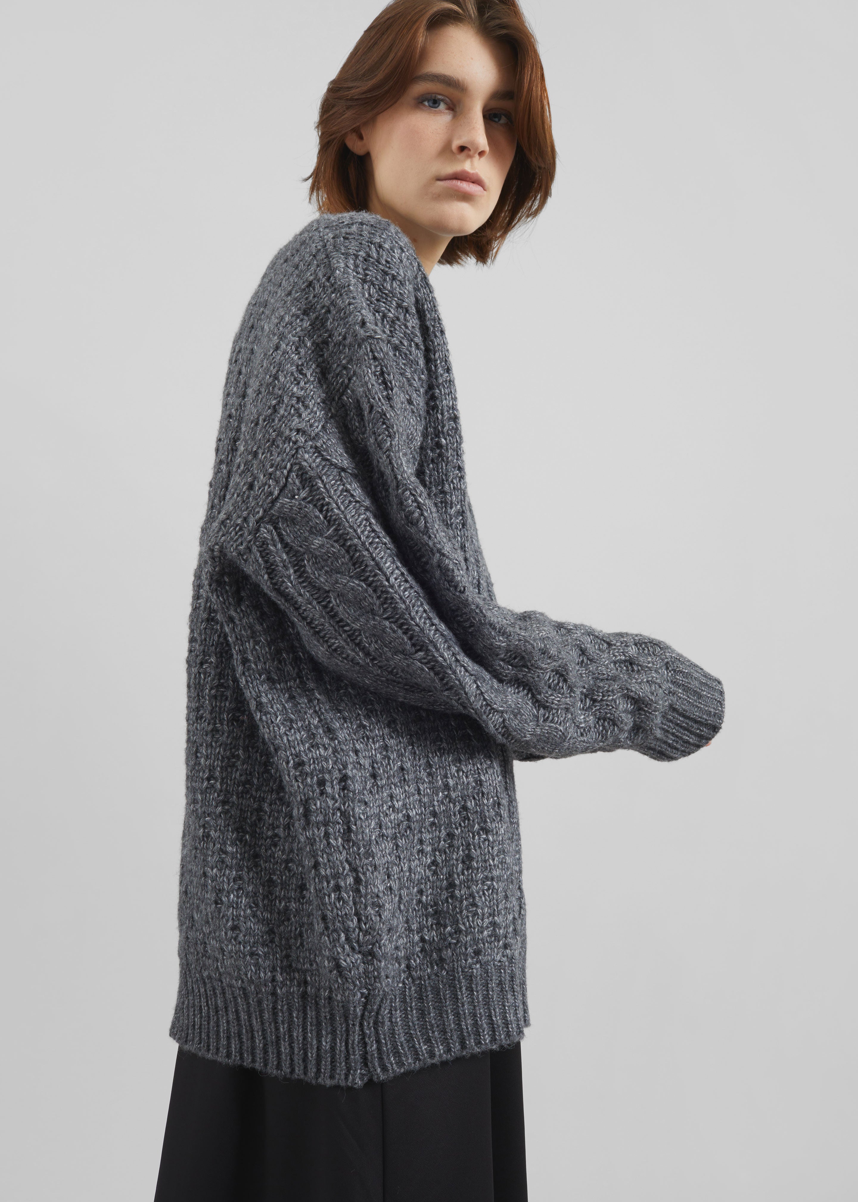 Janesen Oversized Cable Knit Sweater - Grey Melange - 3