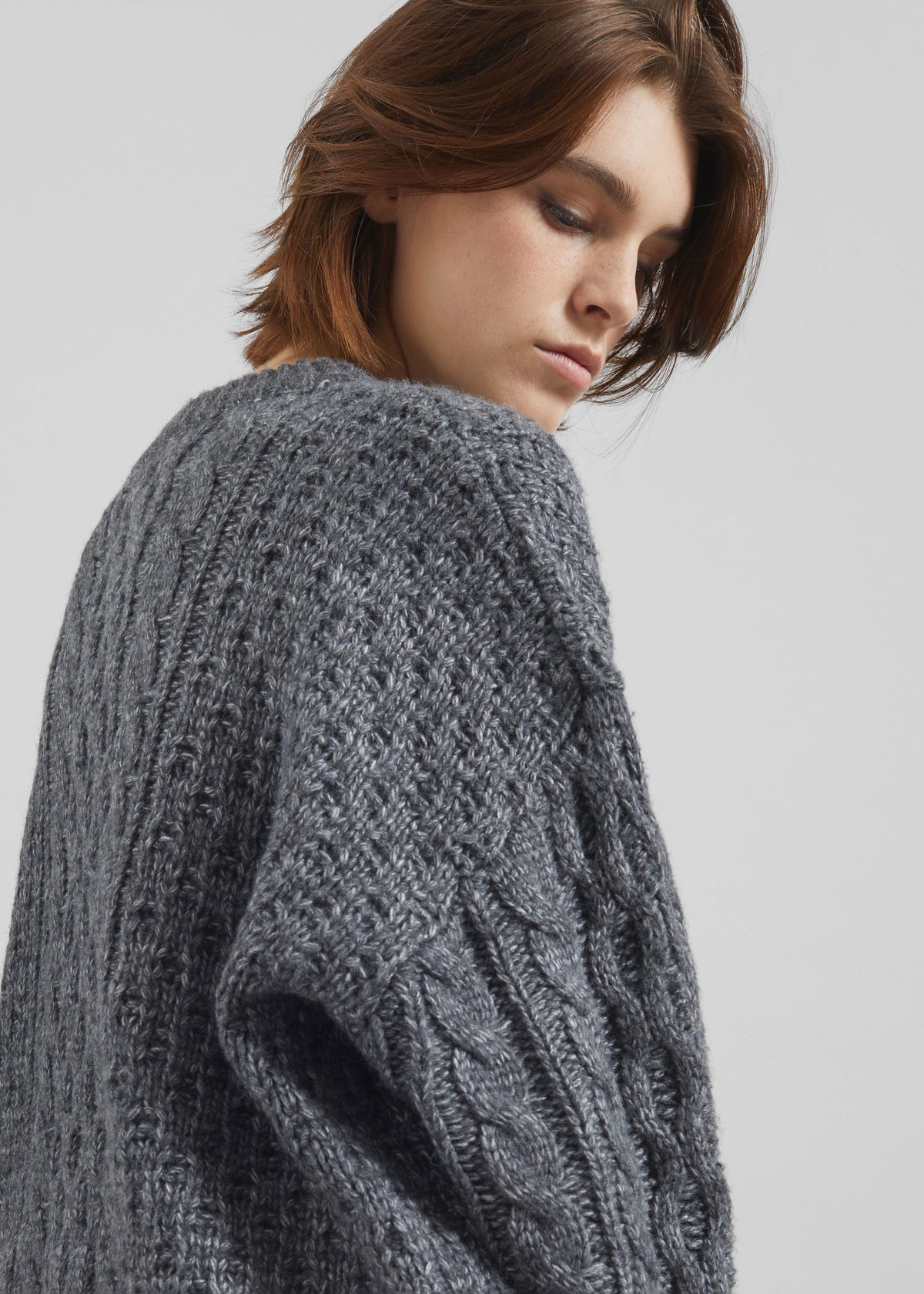 Janesen Oversized Cable Knit Sweater - Grey Melange - 4