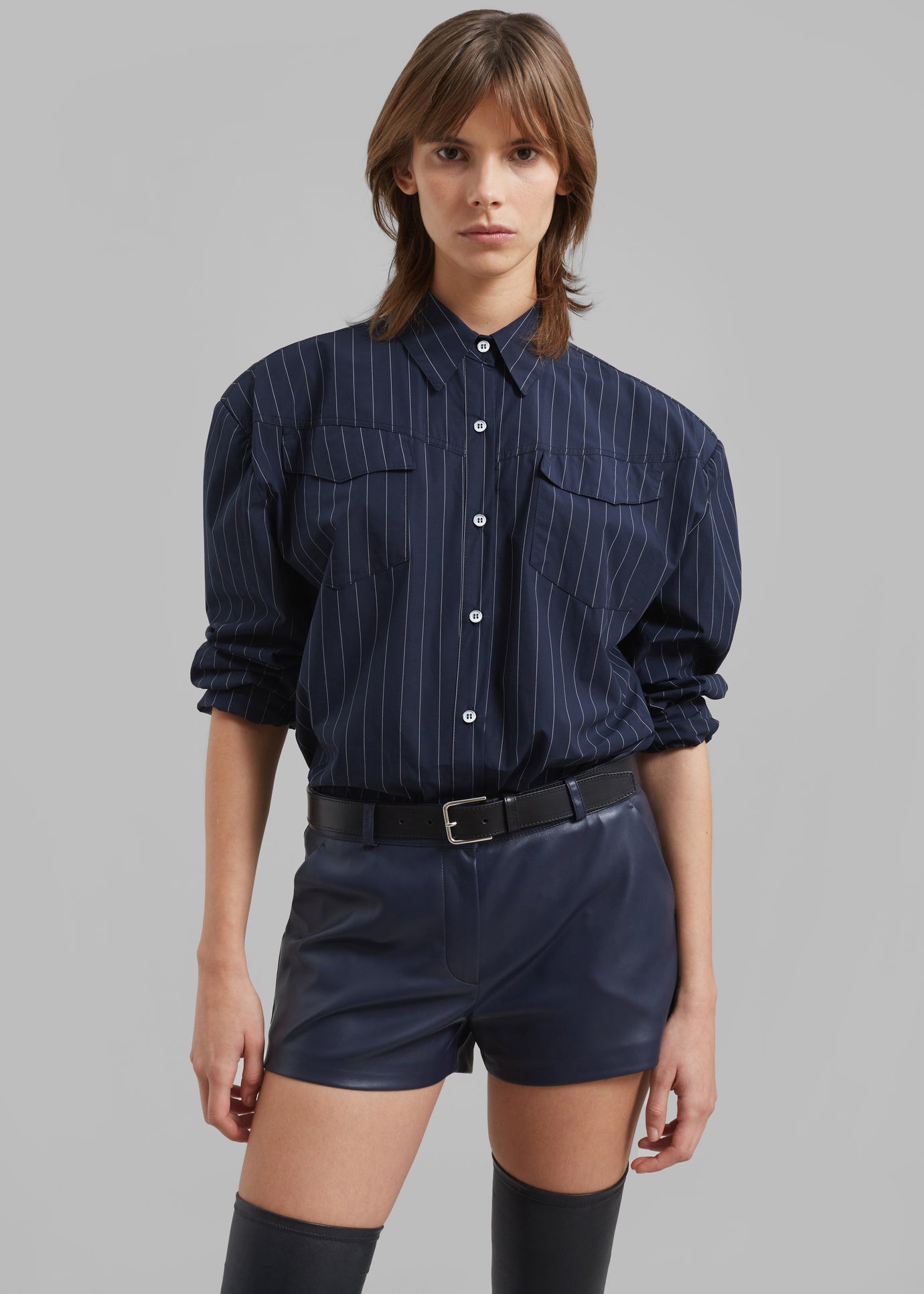 Jeanne Padded Shirt - Navy/White Stripe