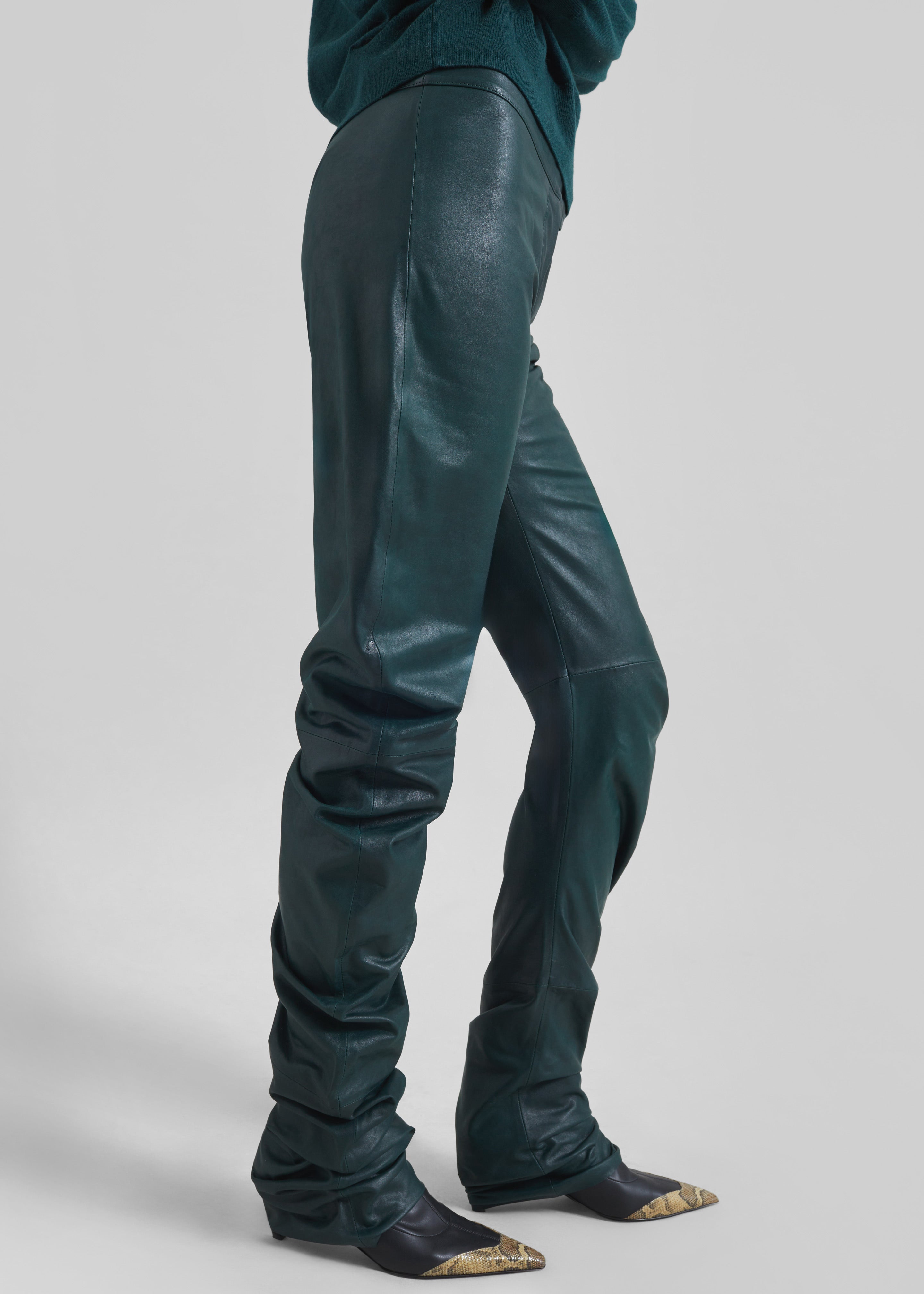 Jessa Leather Ruched Pants - Bottle Green - 2