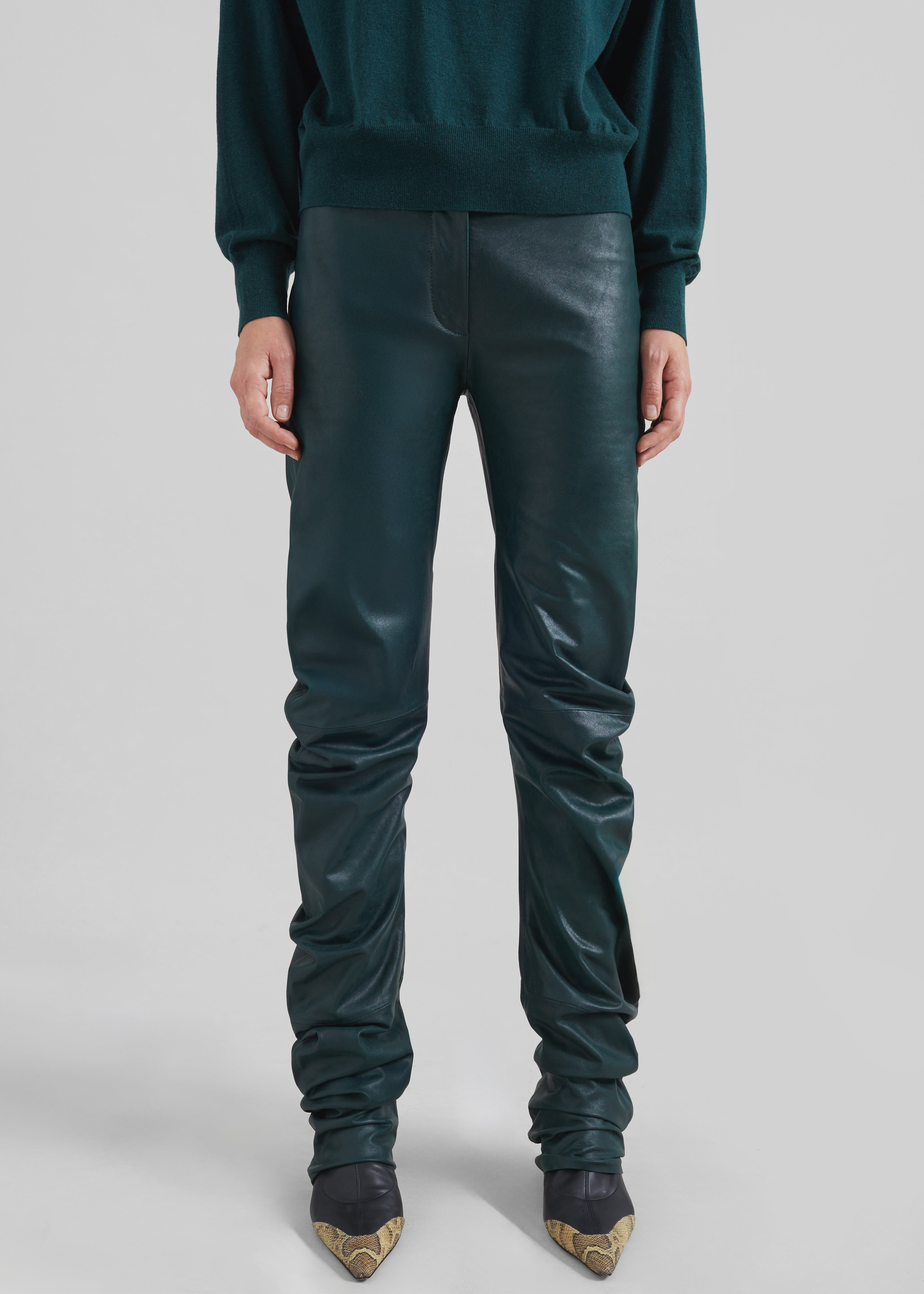 Jessa Leather Ruched Pants - Bottle Green - 4