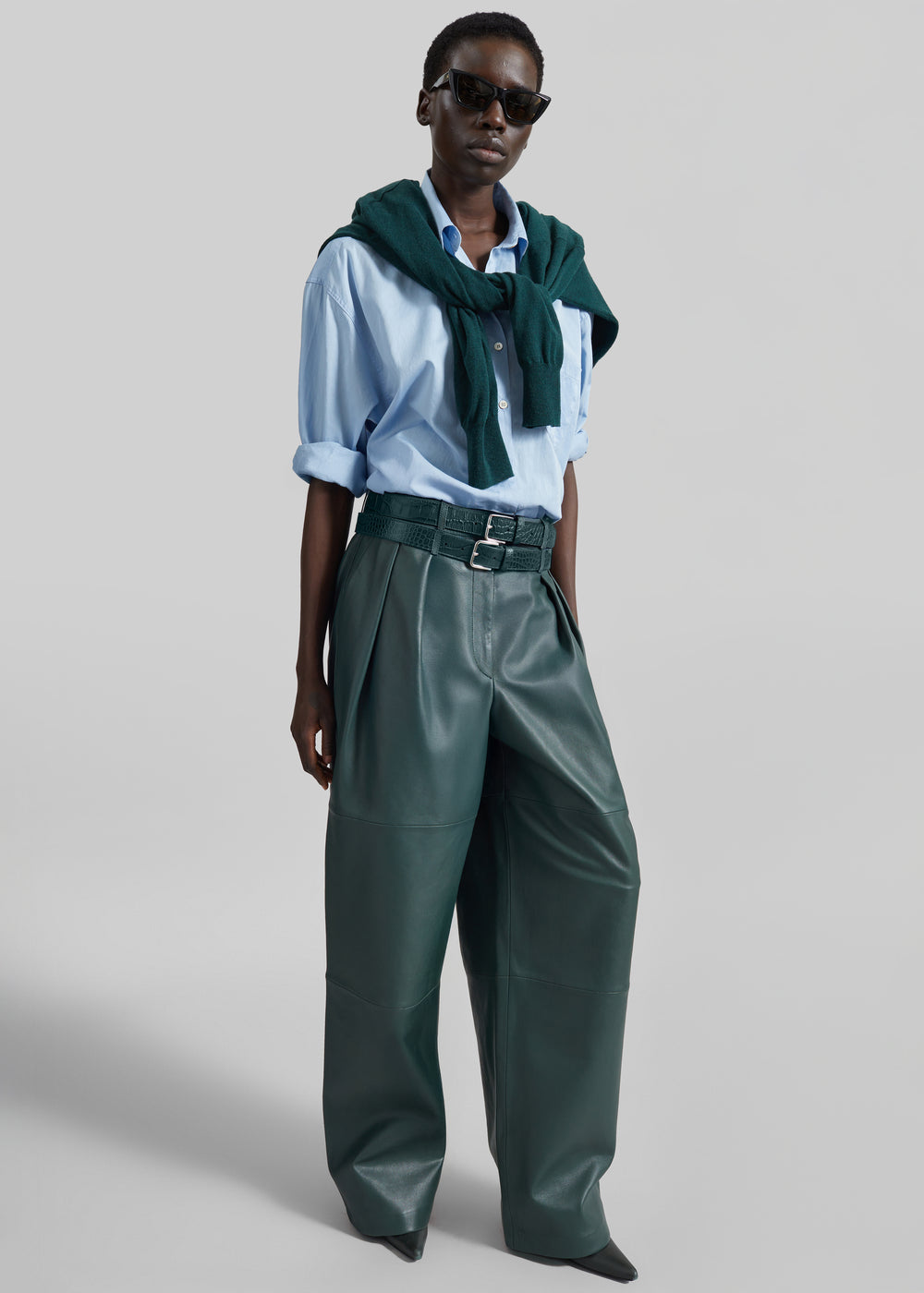 Jeva Faux Leather Double Belt Loop Trousers - Bottle Green