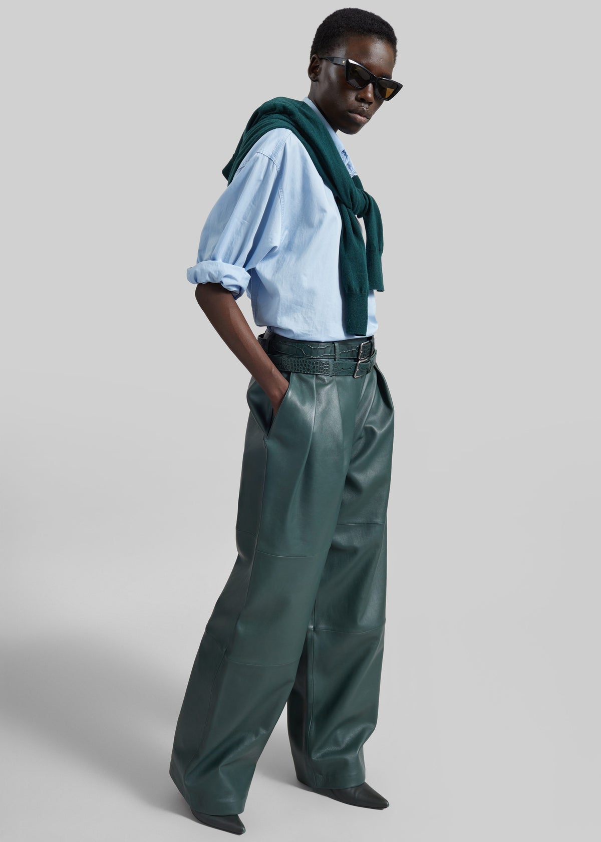 Jeva Faux Leather Double Belt Loop Trousers - Bottle Green