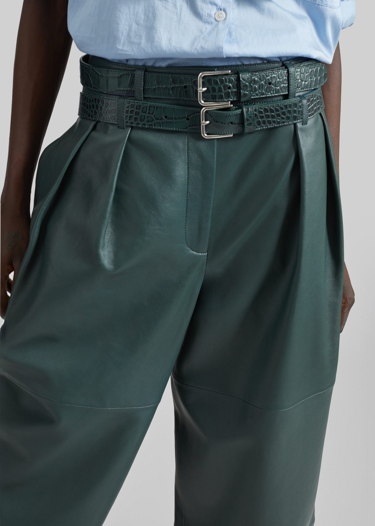 Jeva Faux Leather Double Belt Loop Trousers - Bottle Green