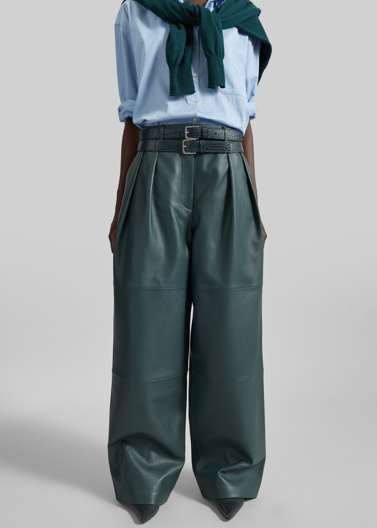 Jeva Faux Leather Double Belt Loop Trousers - Bottle Green