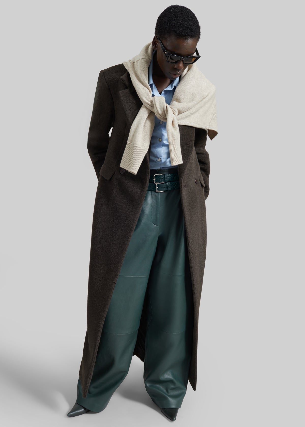 Jeva Faux Leather Double Belt Loop Trousers - Bottle Green