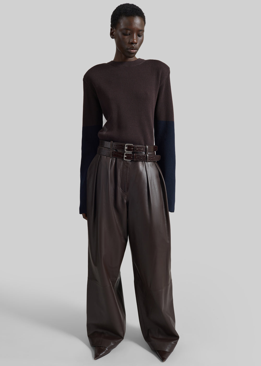 Jeva Faux Leather Double Belt Loop Trousers - Brown