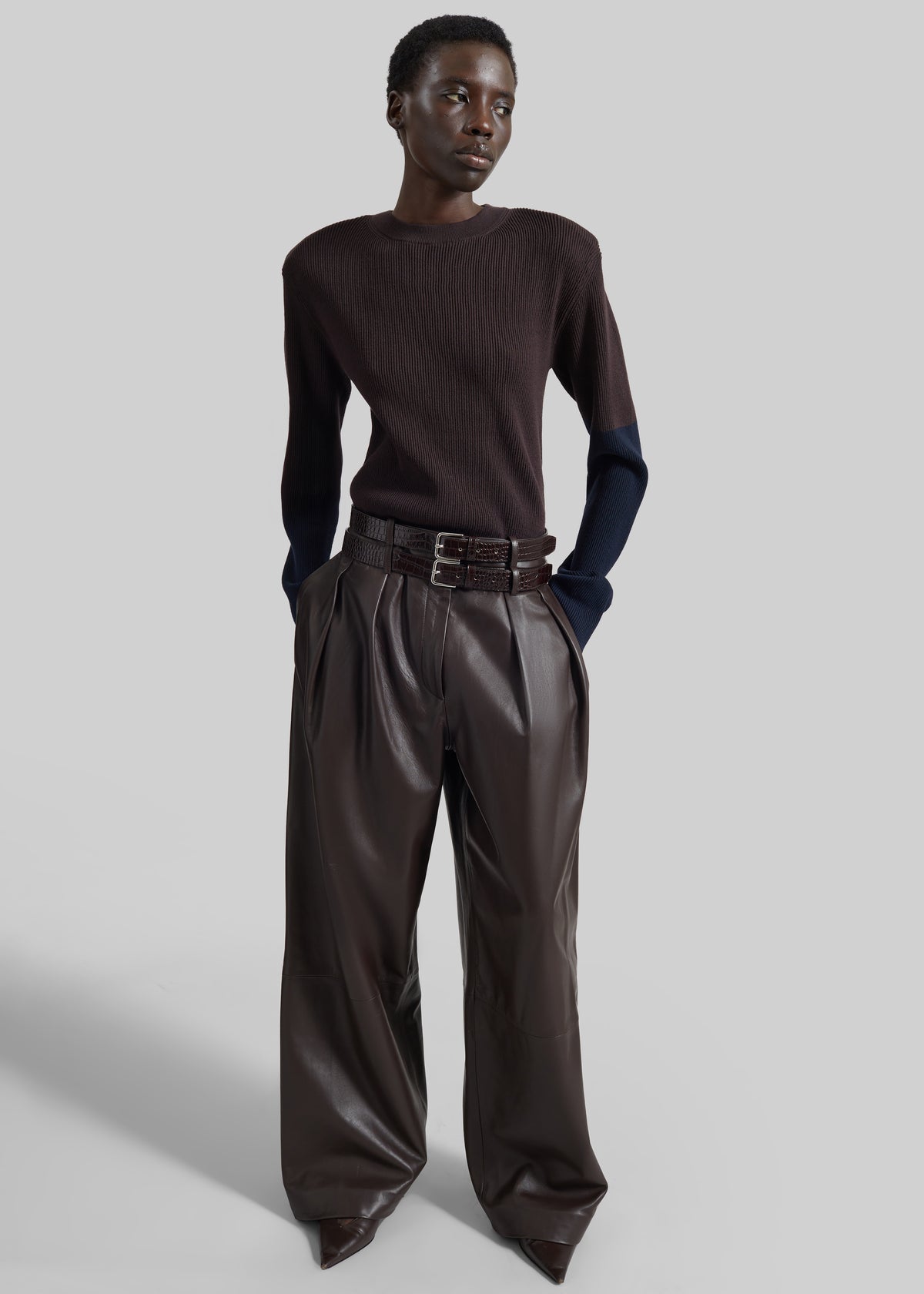 Jeva Faux Leather Double Belt Loop Trousers - Brown