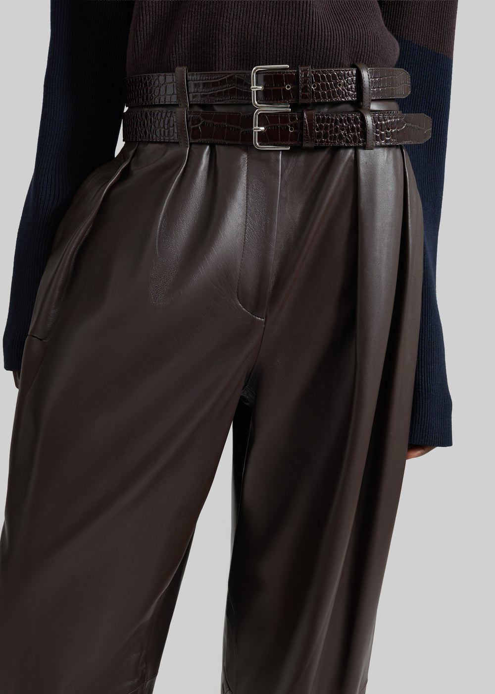 Jeva Faux Leather Double Belt Loop Trousers - Brown - 1