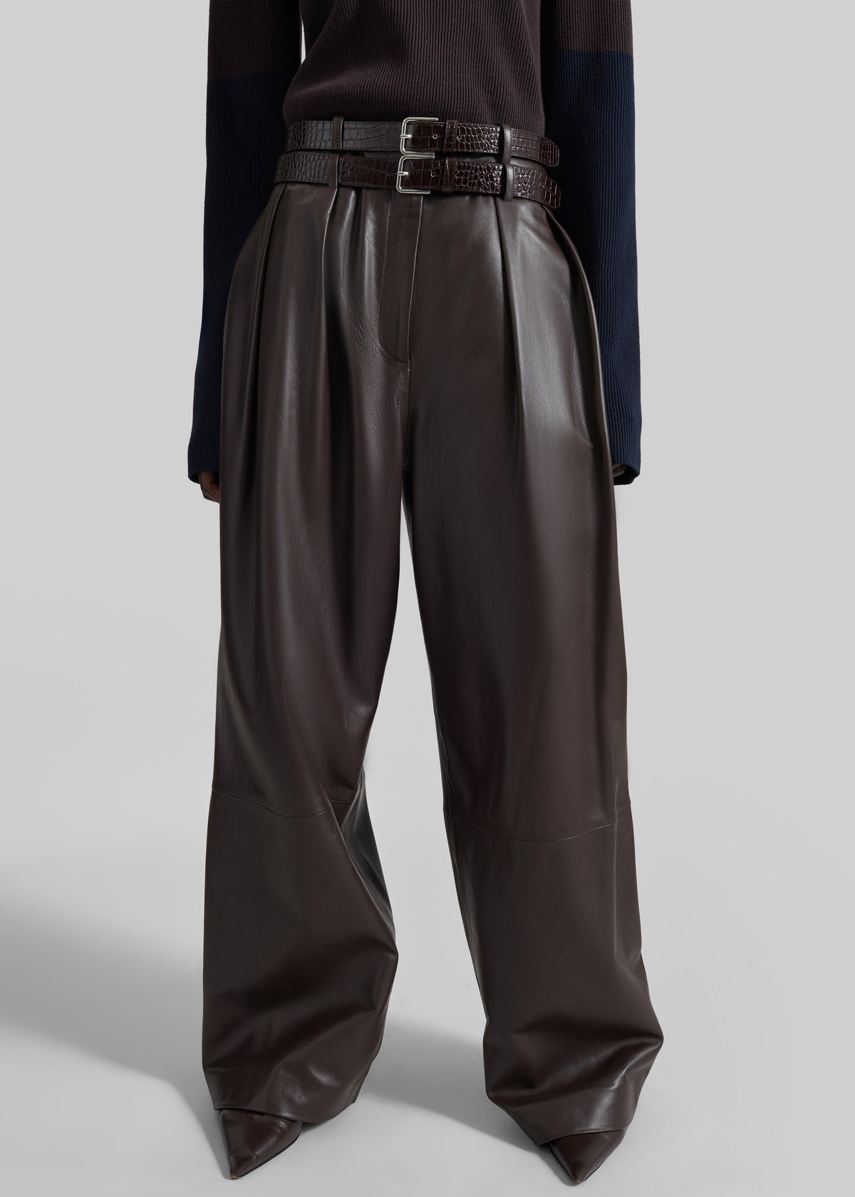 Jeva Faux Leather Double Belt Loop Trousers - Brown