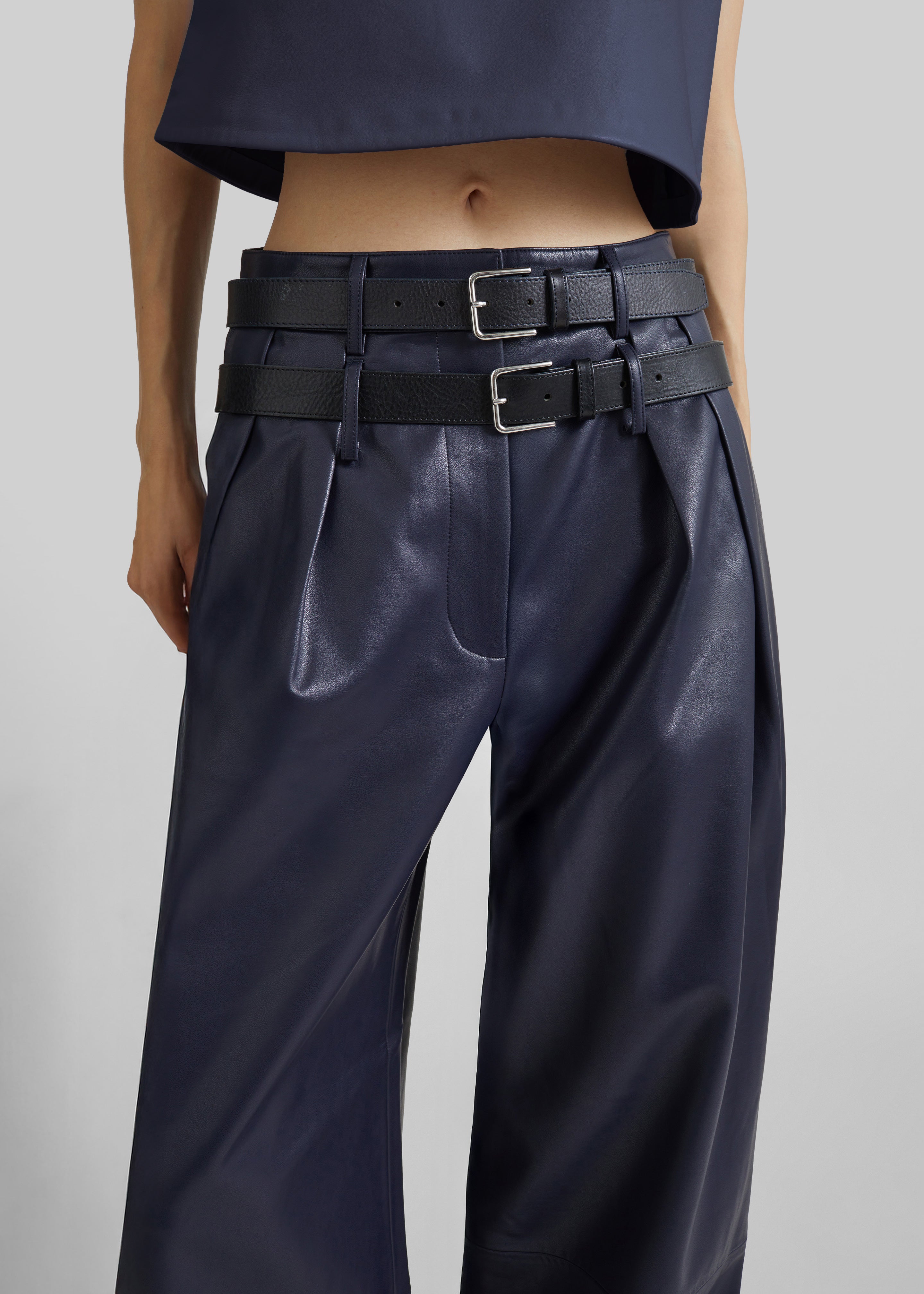 Jeva Faux Leather Double Belt Loop Trousers - Dark Navy – The