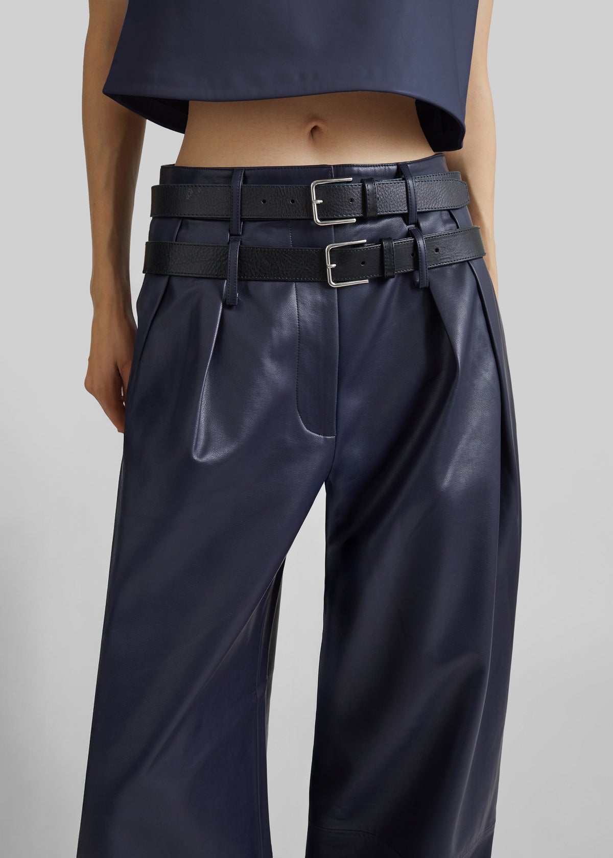 Jeva Faux Leather Double Belt Loop Trousers - Dark Navy