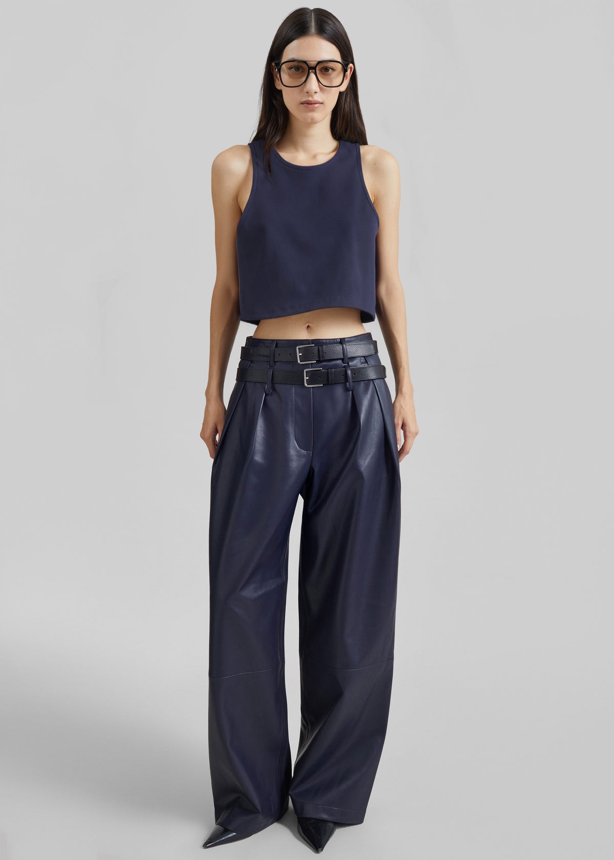 Jeva Faux Leather Double Belt Loop Trousers - Dark Navy