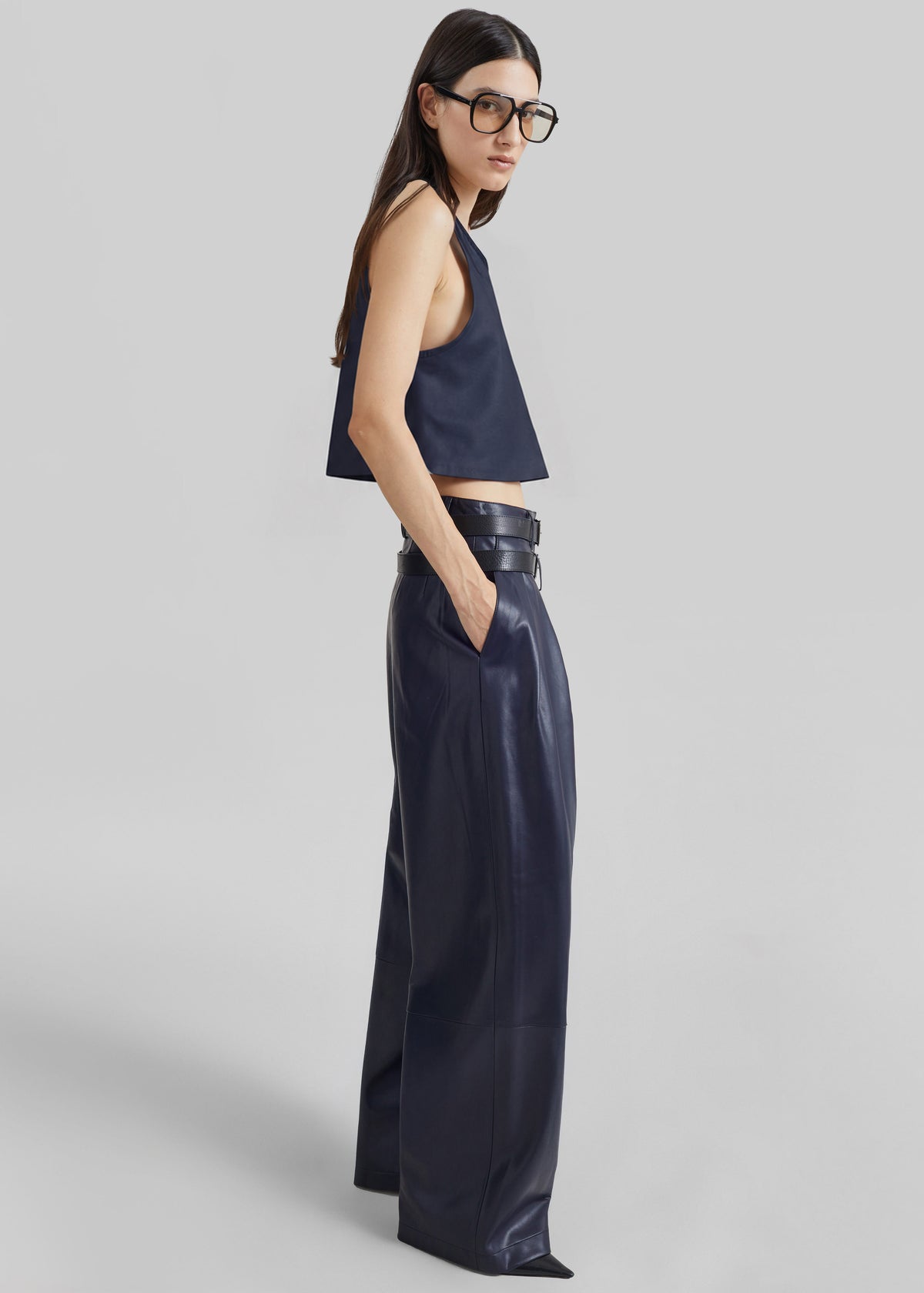 Jeva Faux Leather Double Belt Loop Trousers - Dark Navy