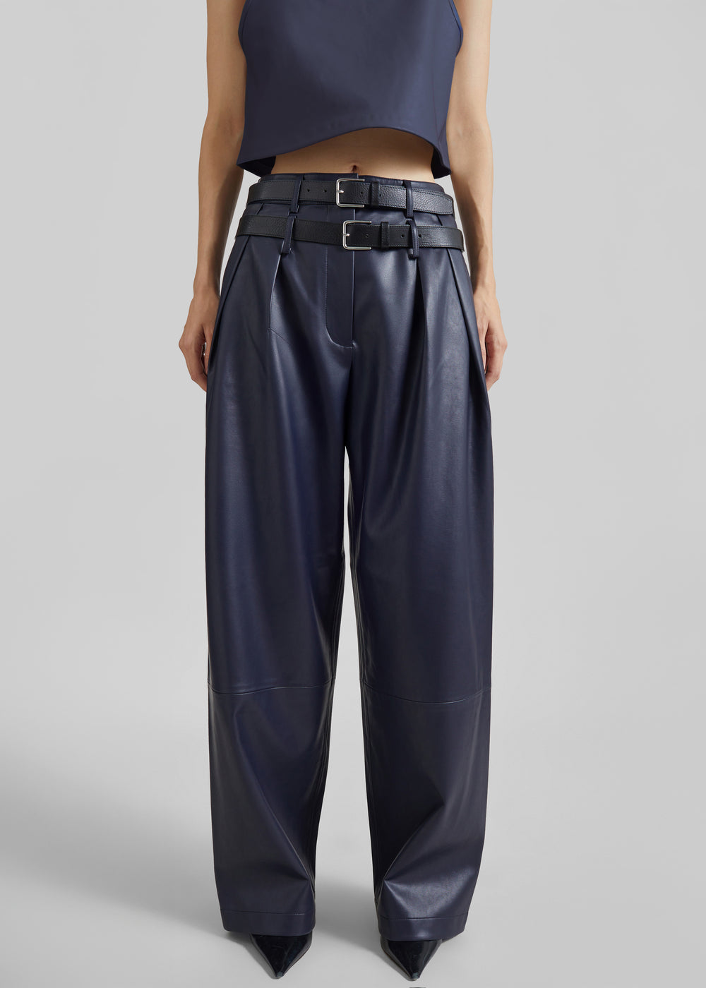 Jeva Faux Leather Double Belt Loop Trousers - Dark Navy - 1