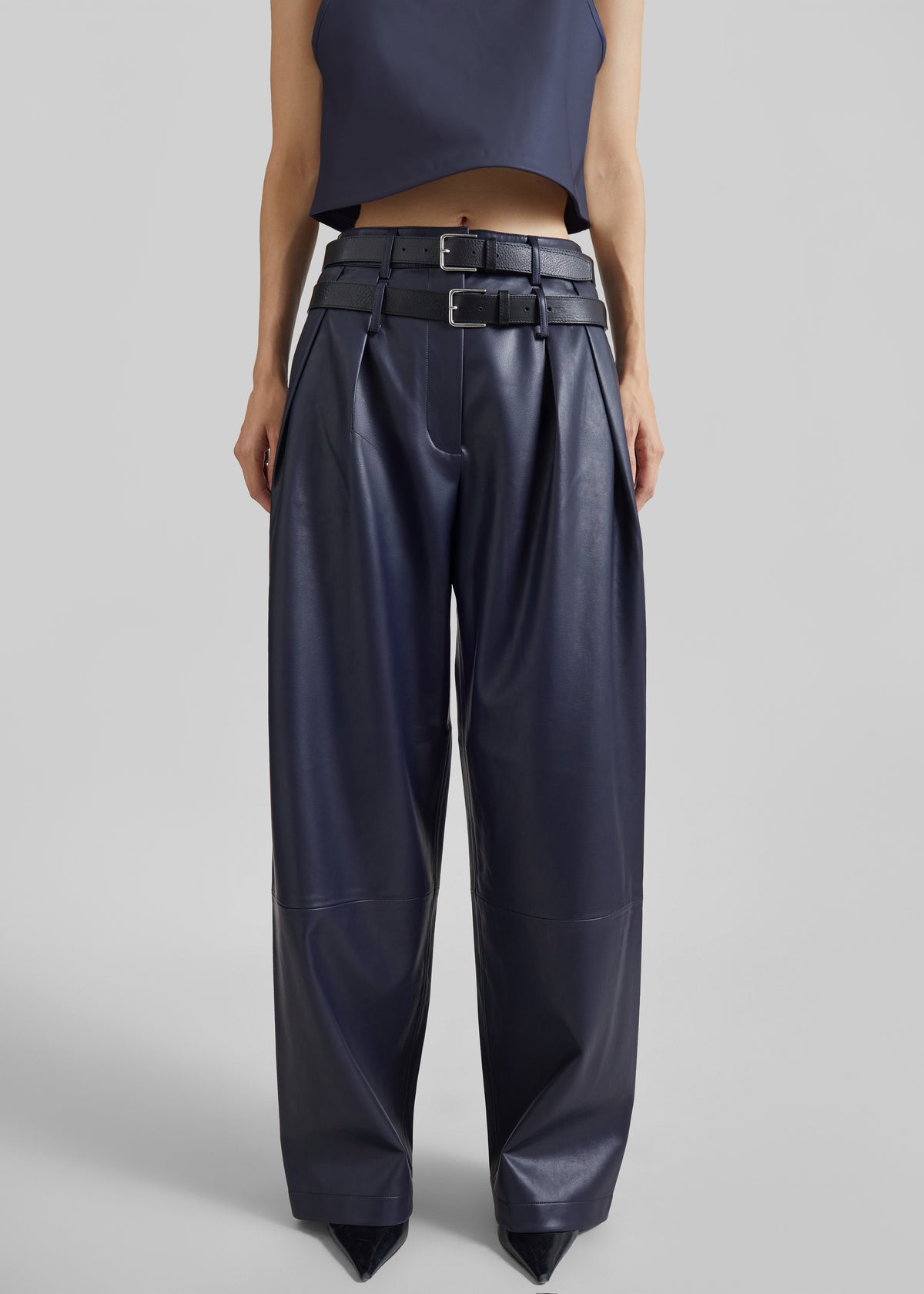 Jeva Faux Leather Double Belt Loop Trousers - Dark Navy
