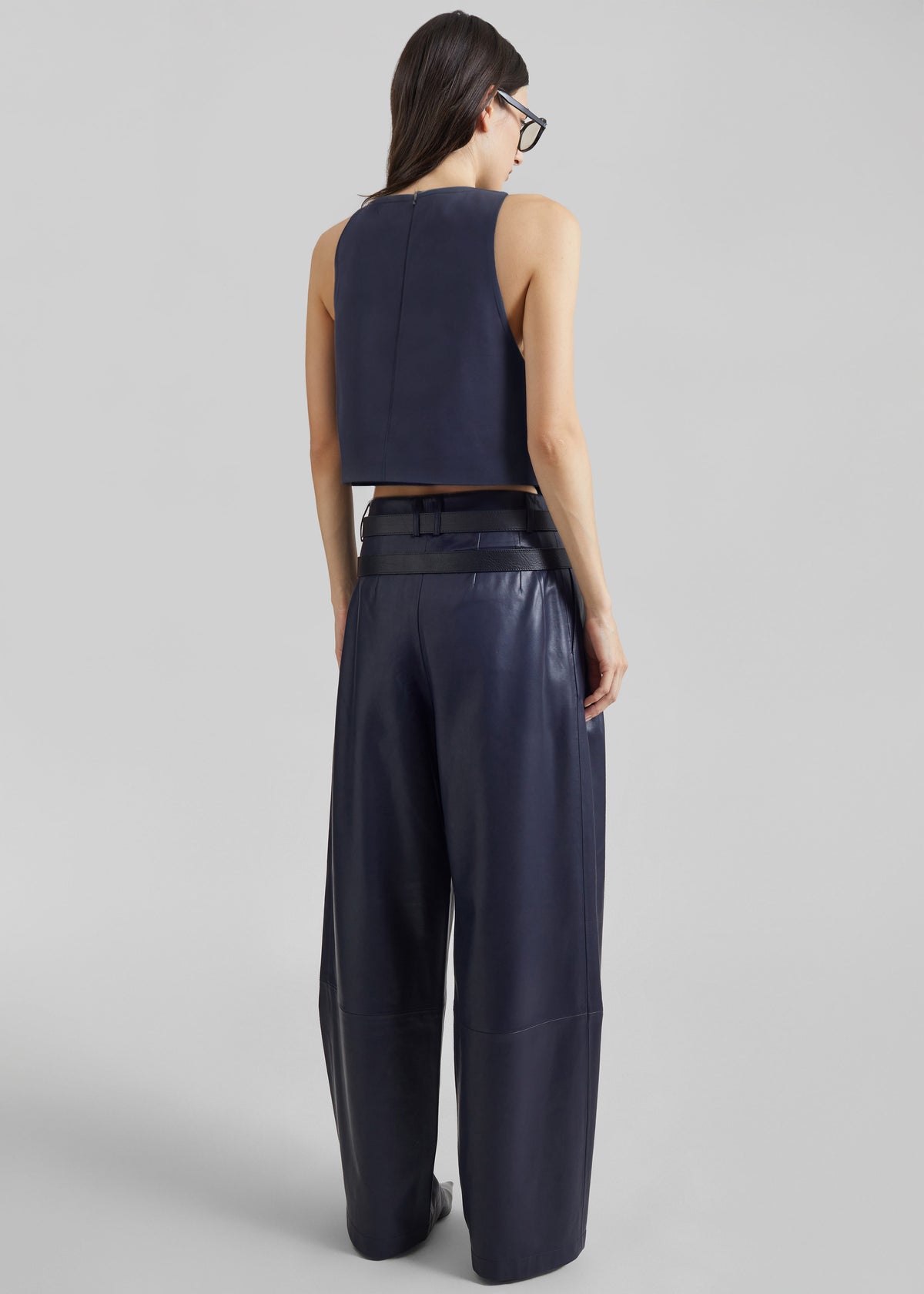 Jeva Faux Leather Double Belt Loop Trousers - Dark Navy