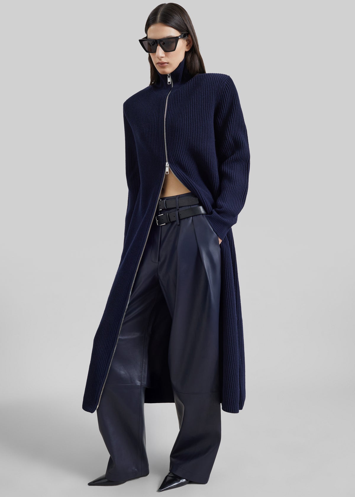 Jeva Faux Leather Double Belt Loop Trousers - Dark Navy