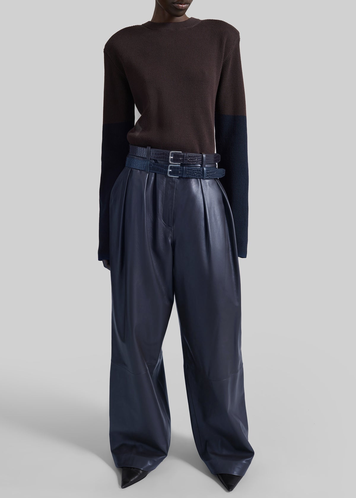 Jeva Faux Leather Double Belt Loop Trousers - Dark Navy