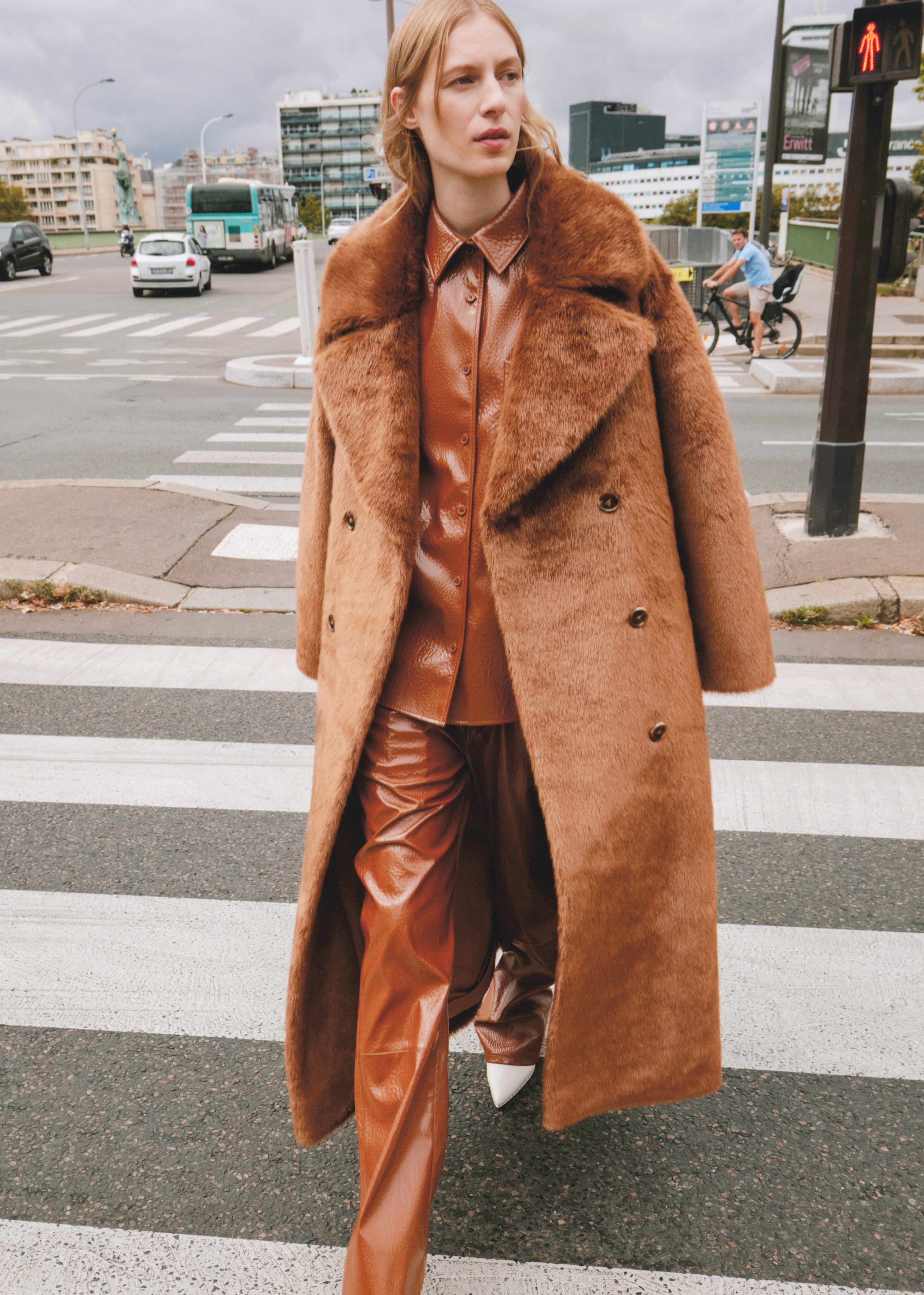 Camel Long Faux good Fur Coat with a Belt