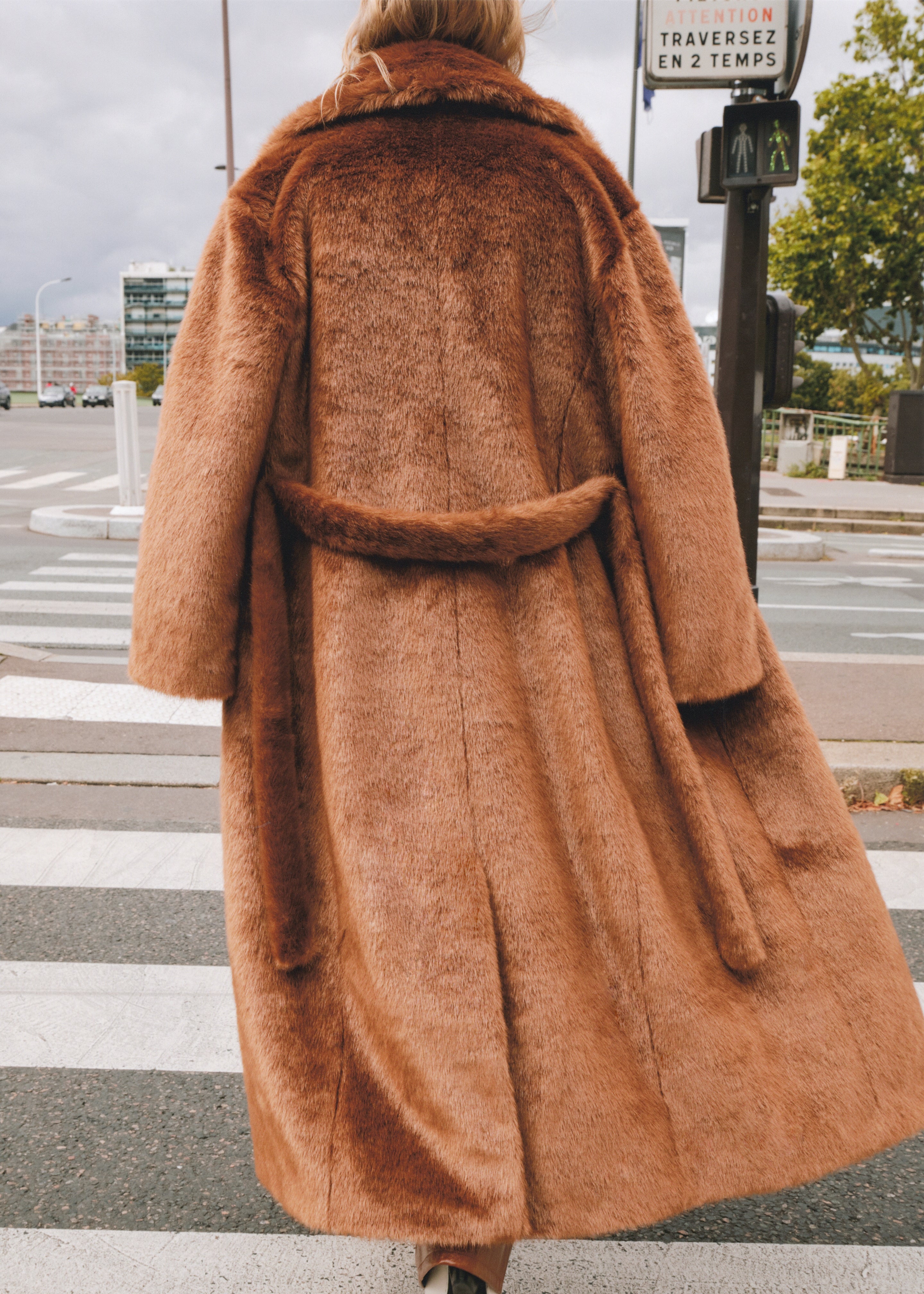 Camel Long Faux Fur Coat with a Belt - Coats & jackets