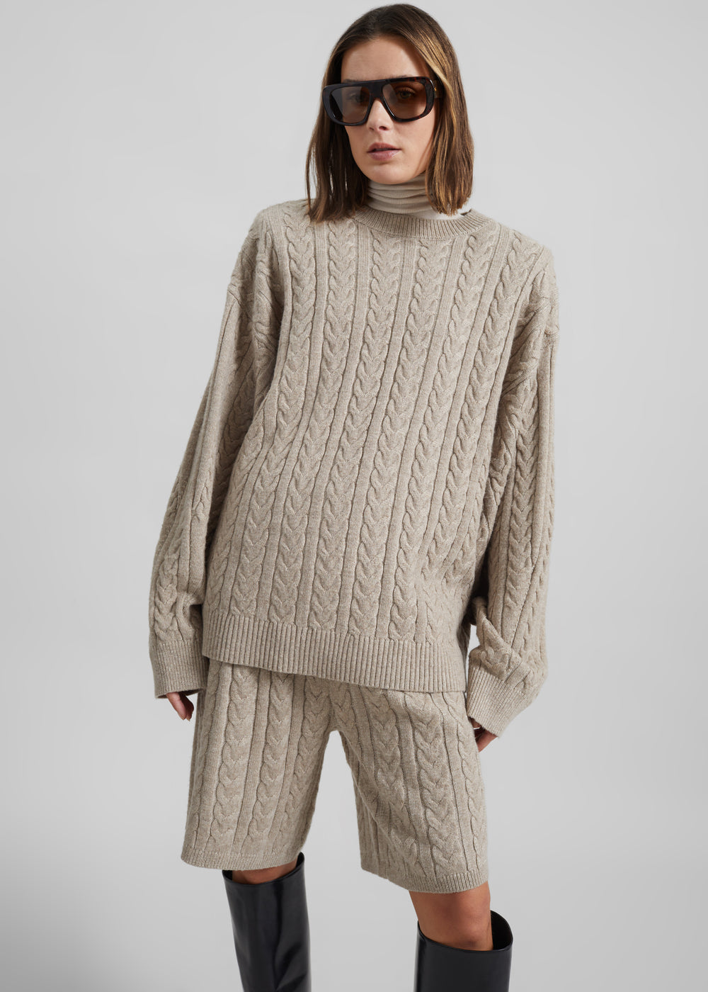Karmoy Cable Knit Padded Sweater - Beige - 1