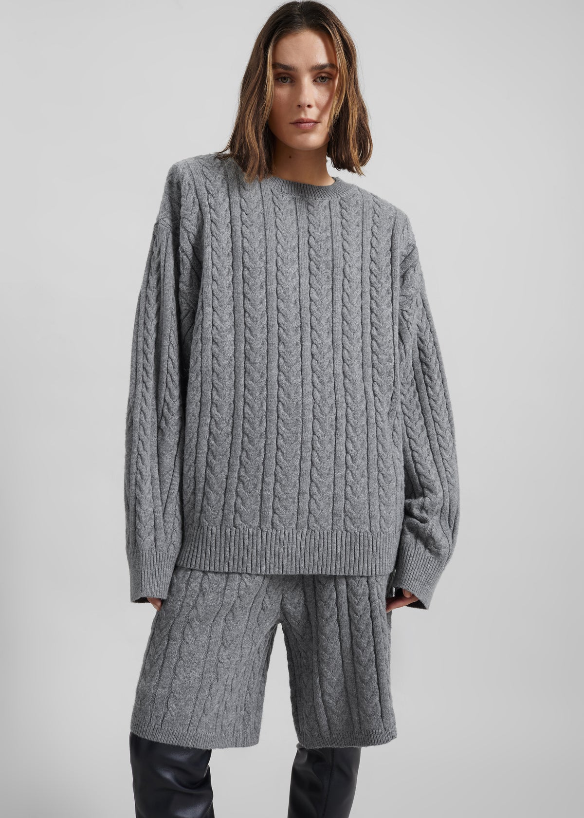 Karmoy Cable Knit Padded Sweater - Grey - 2