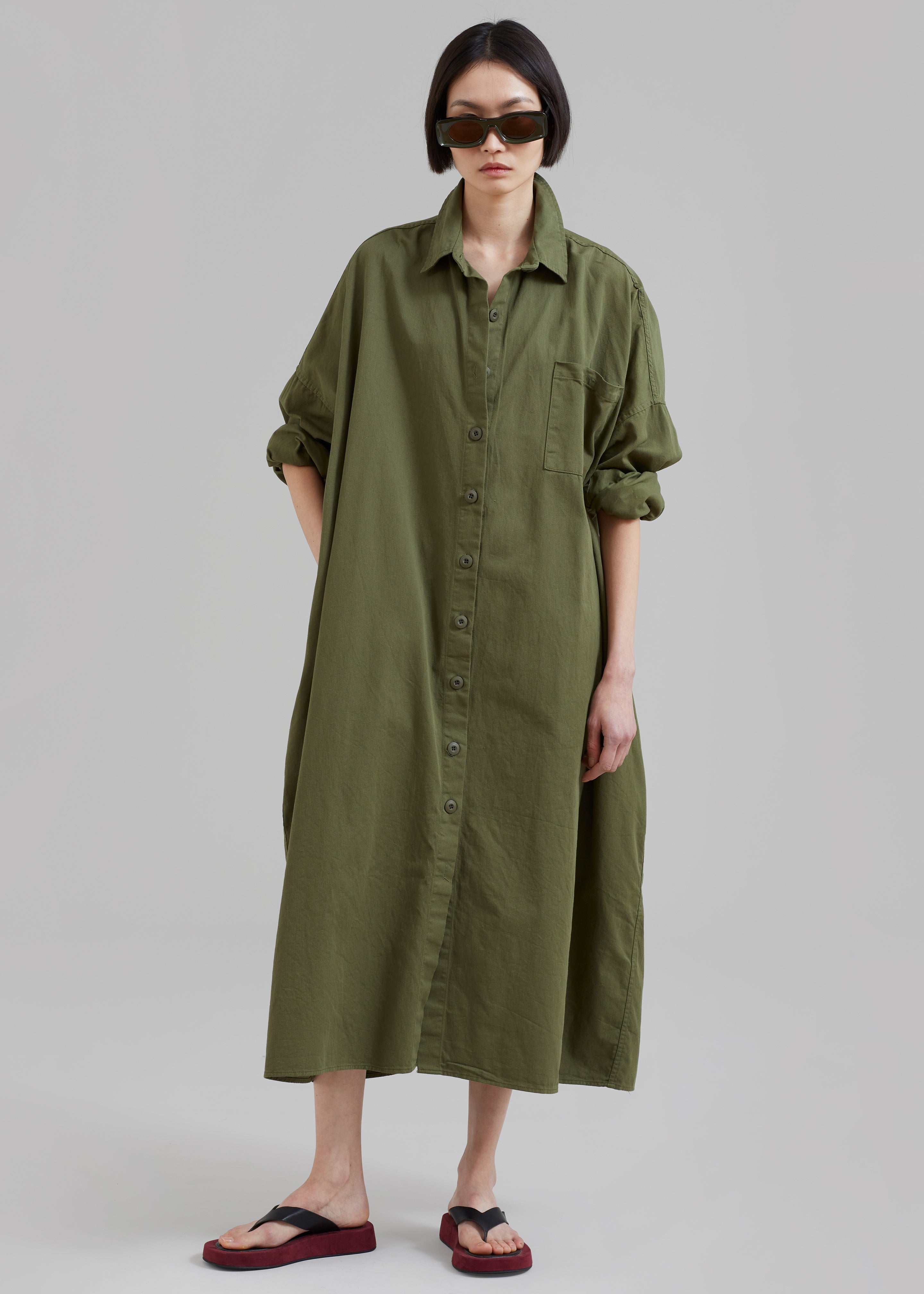 Kason Oversized Shirt Dress - Dark Olive - 5