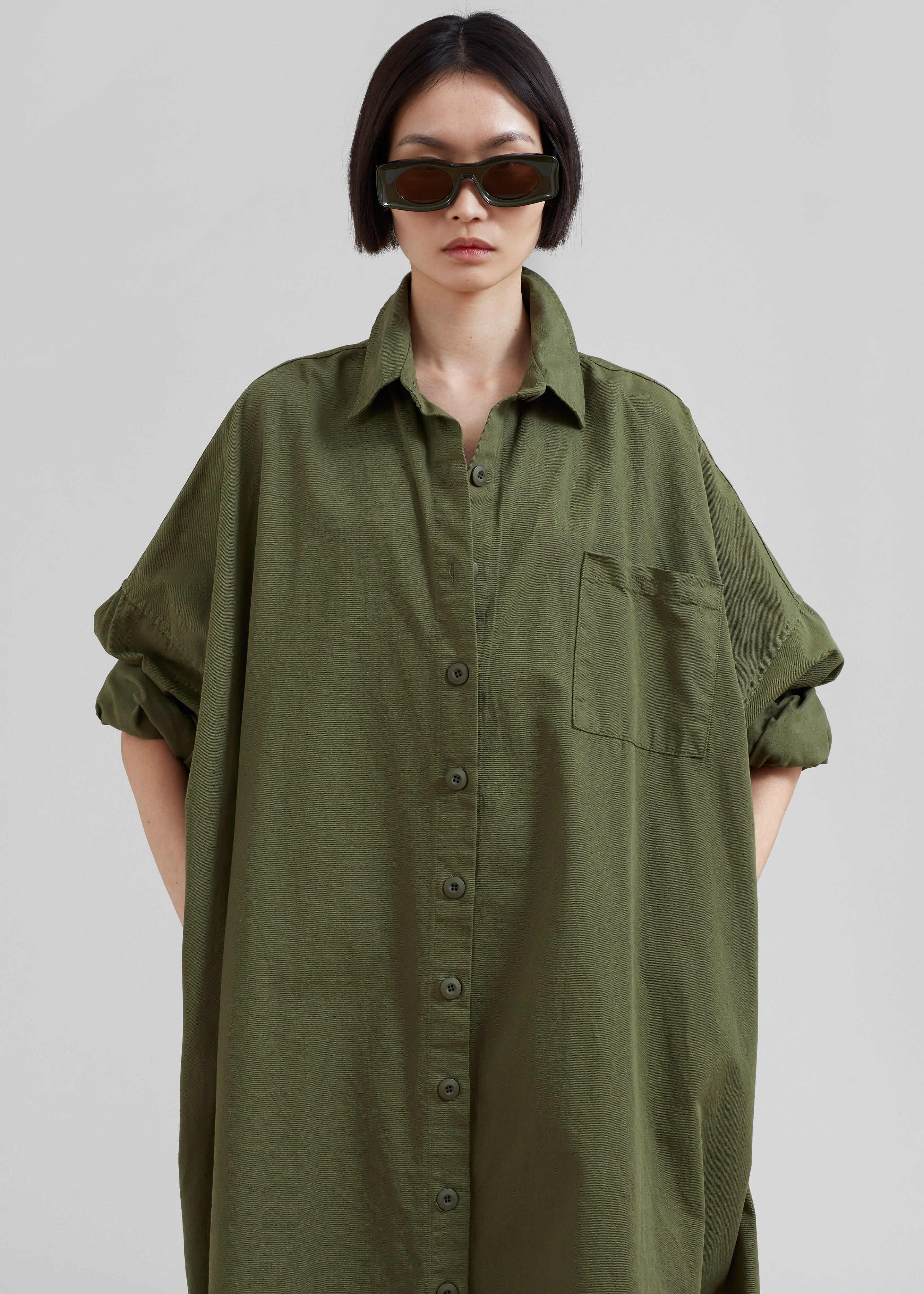 Kason Oversized Shirt Dress - Dark Olive - 1