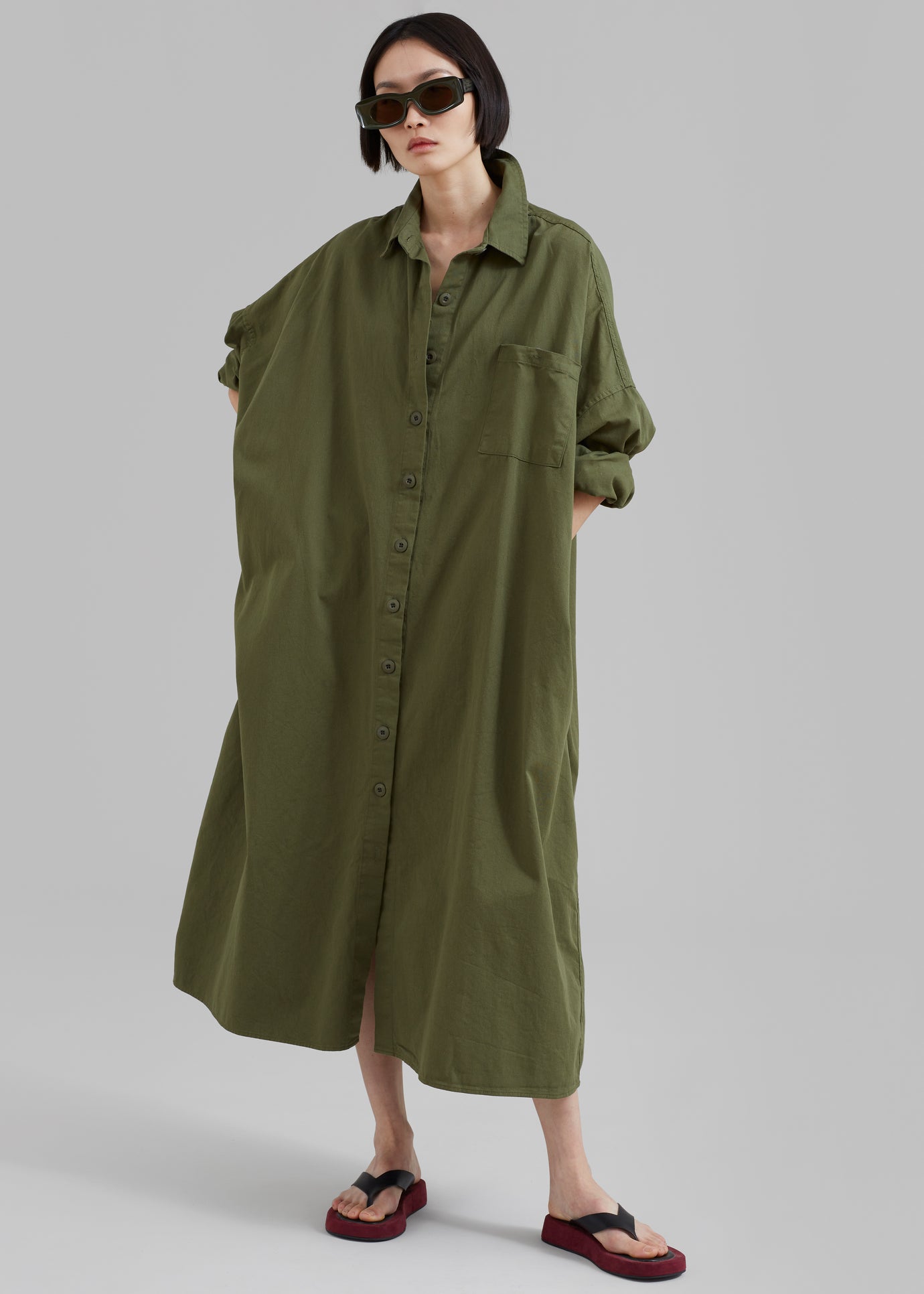 Kason Oversized Shirt Dress - Dark Olive - 1