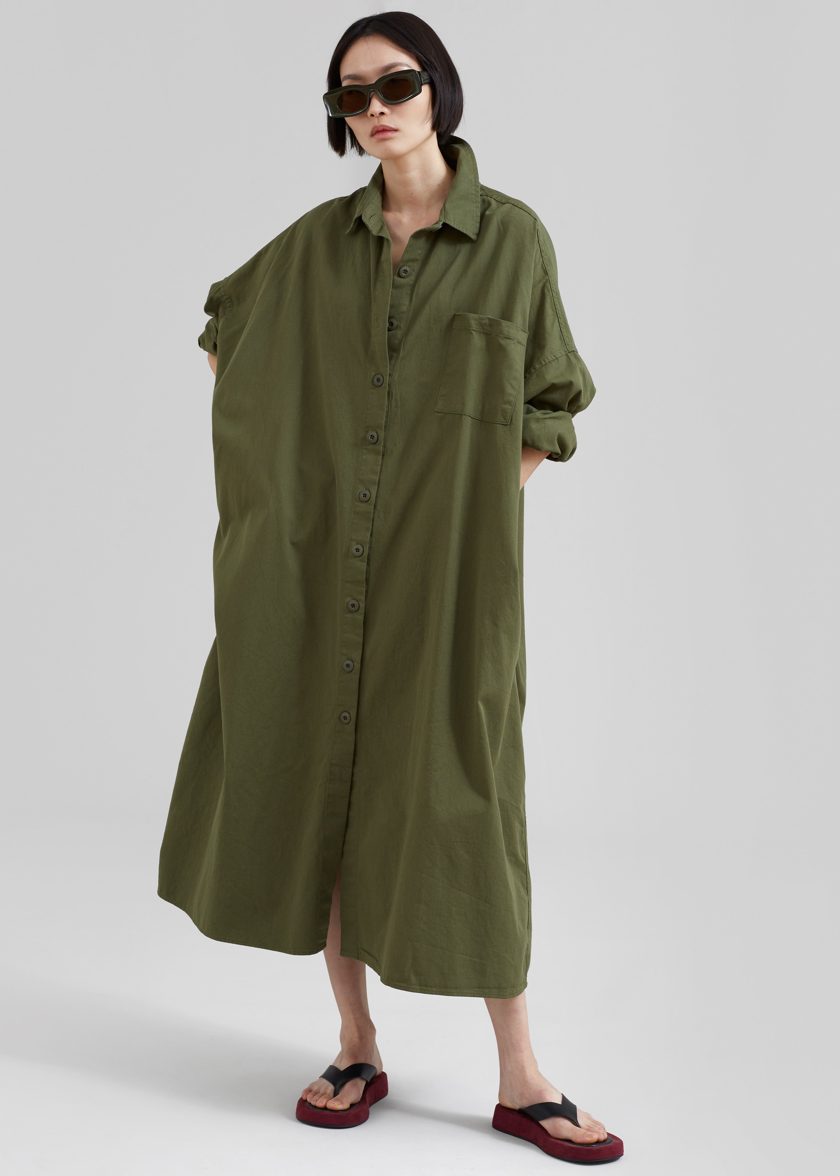 Kason Oversized Shirt Dress - Dark Olive - 4