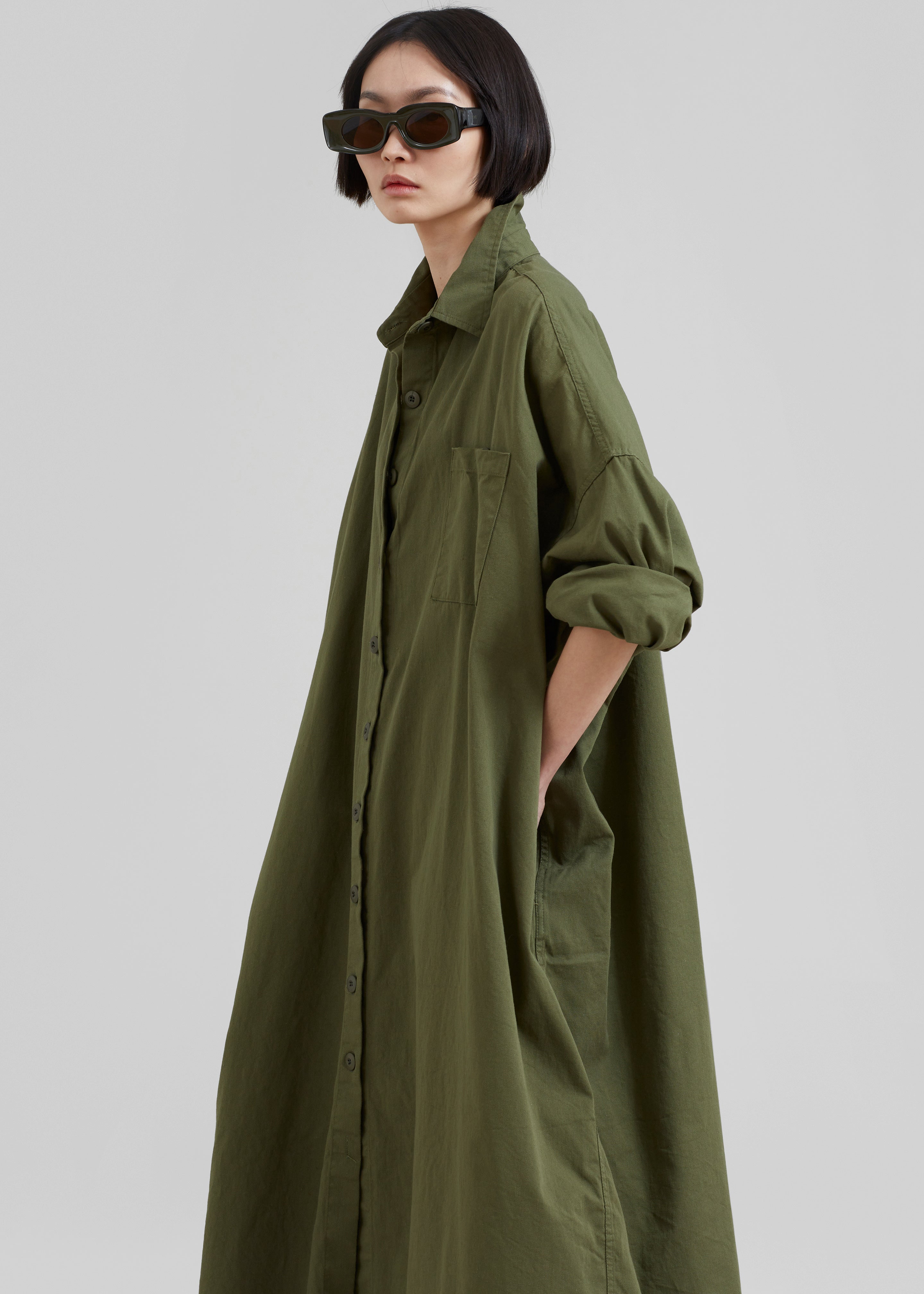 Kason Oversized Shirt Dress - Dark Olive - 3