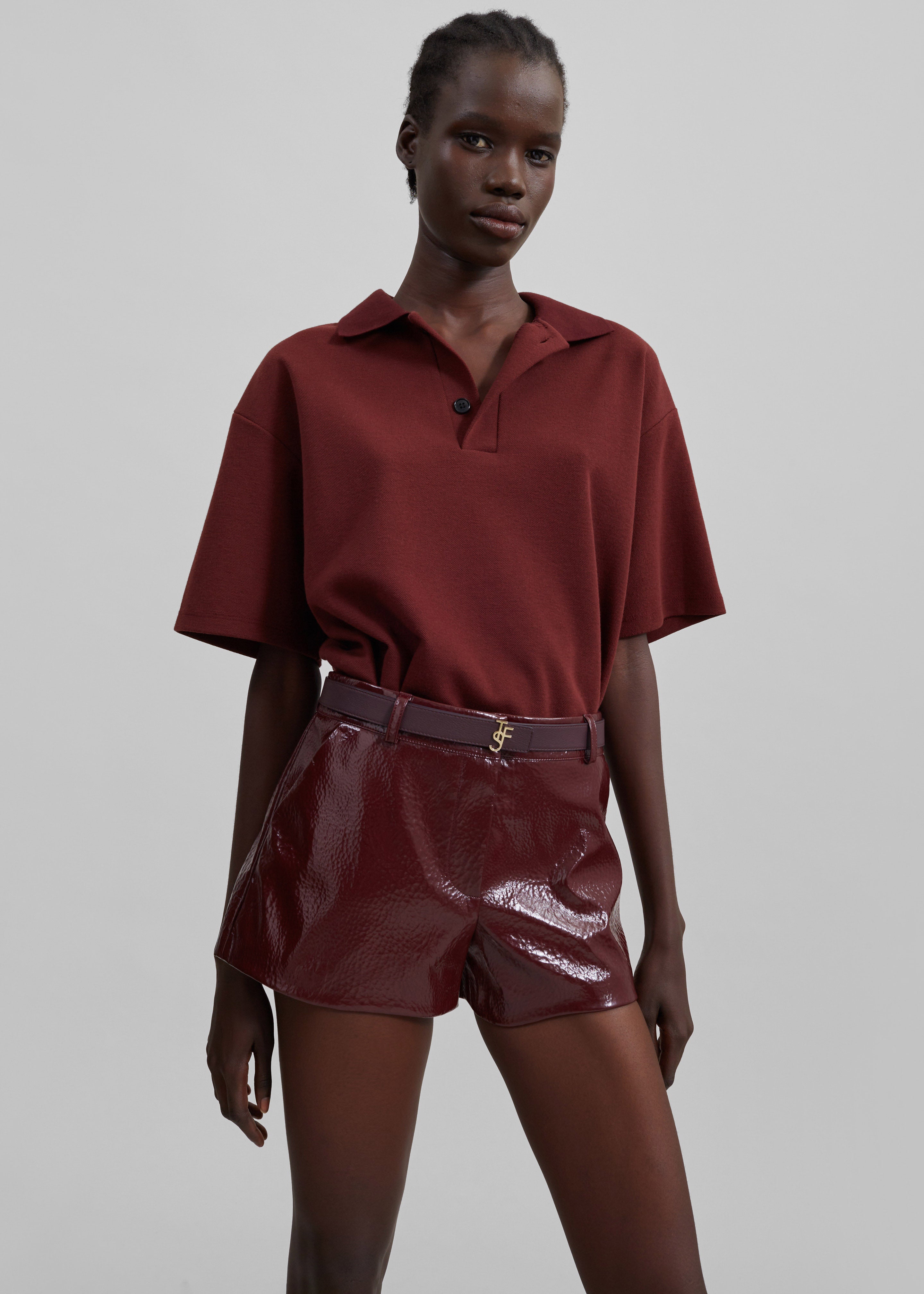 Kate Crackled Faux Leather Mini Shorts - Burgundy - 7