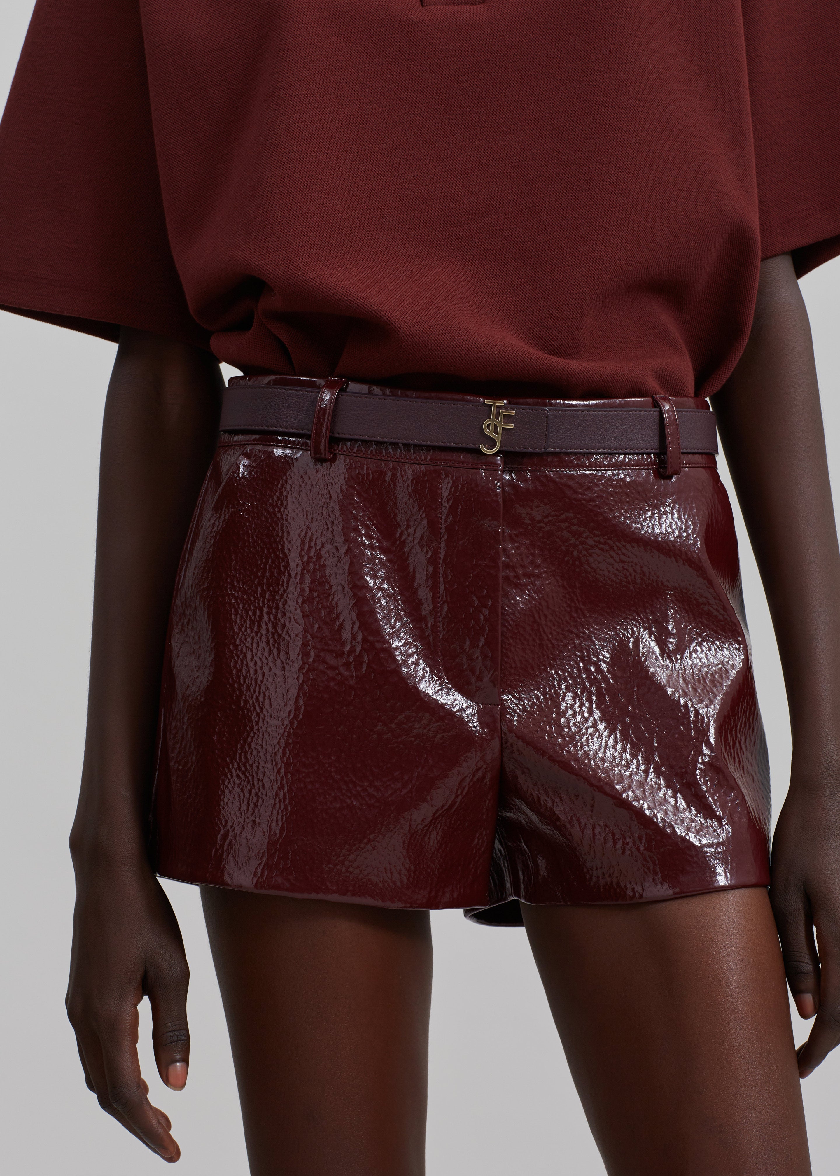 Kate Crackled Faux Leather Mini Shorts - Burgundy - 4