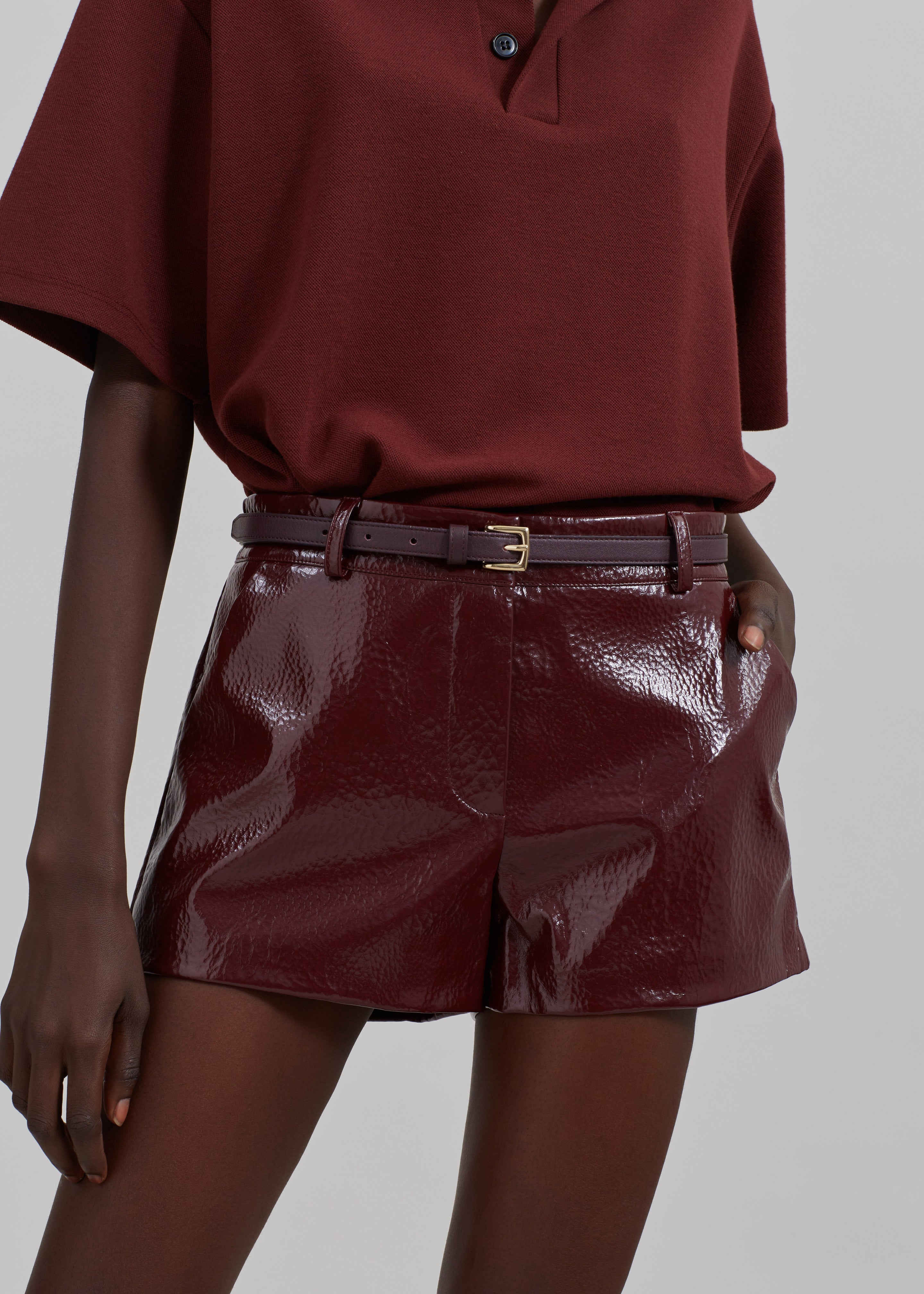 Kate Crackled Faux Leather Mini Shorts - Burgundy - 8