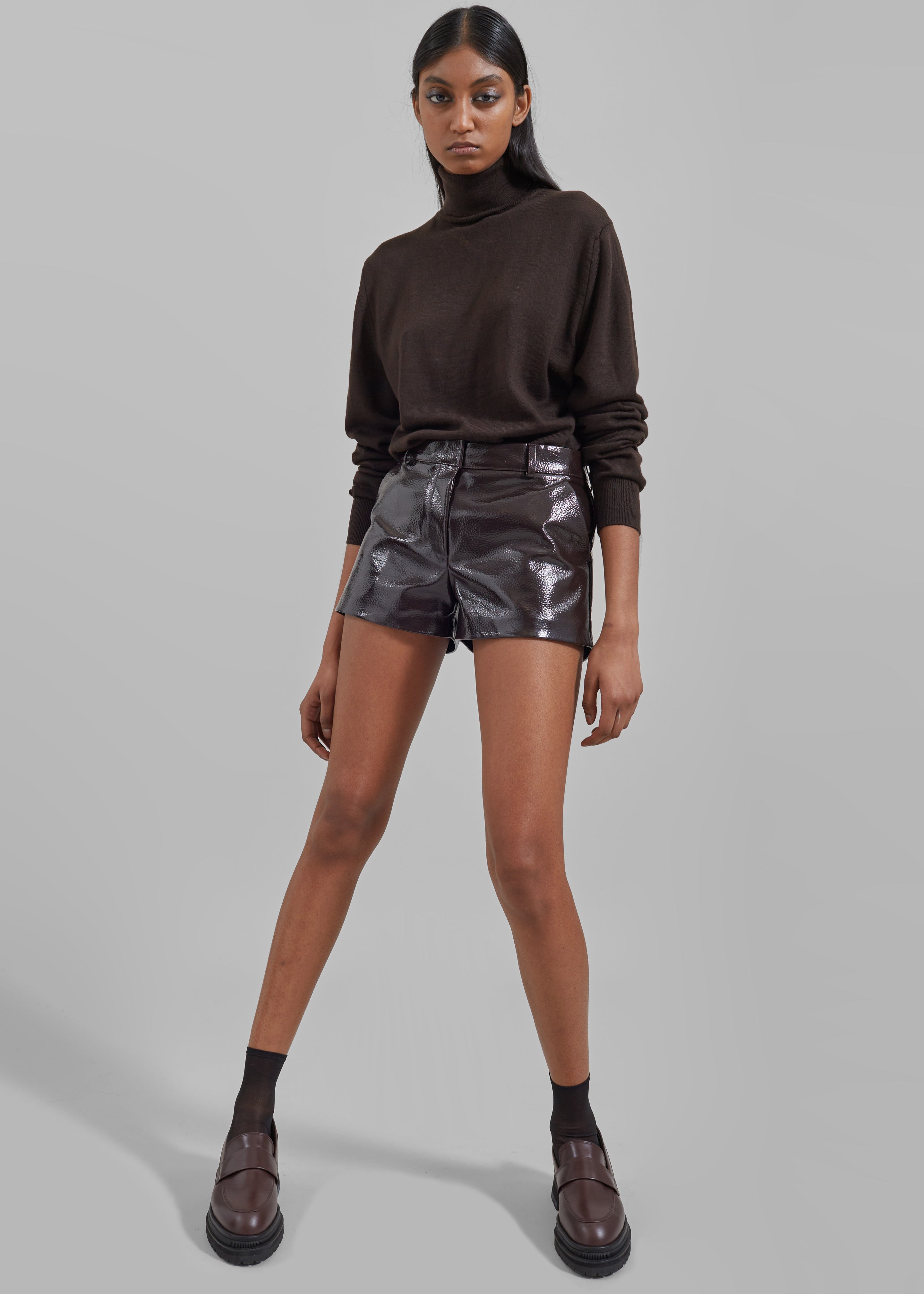 Kate Crackled Faux Leather Mini Shorts - Brown - 1